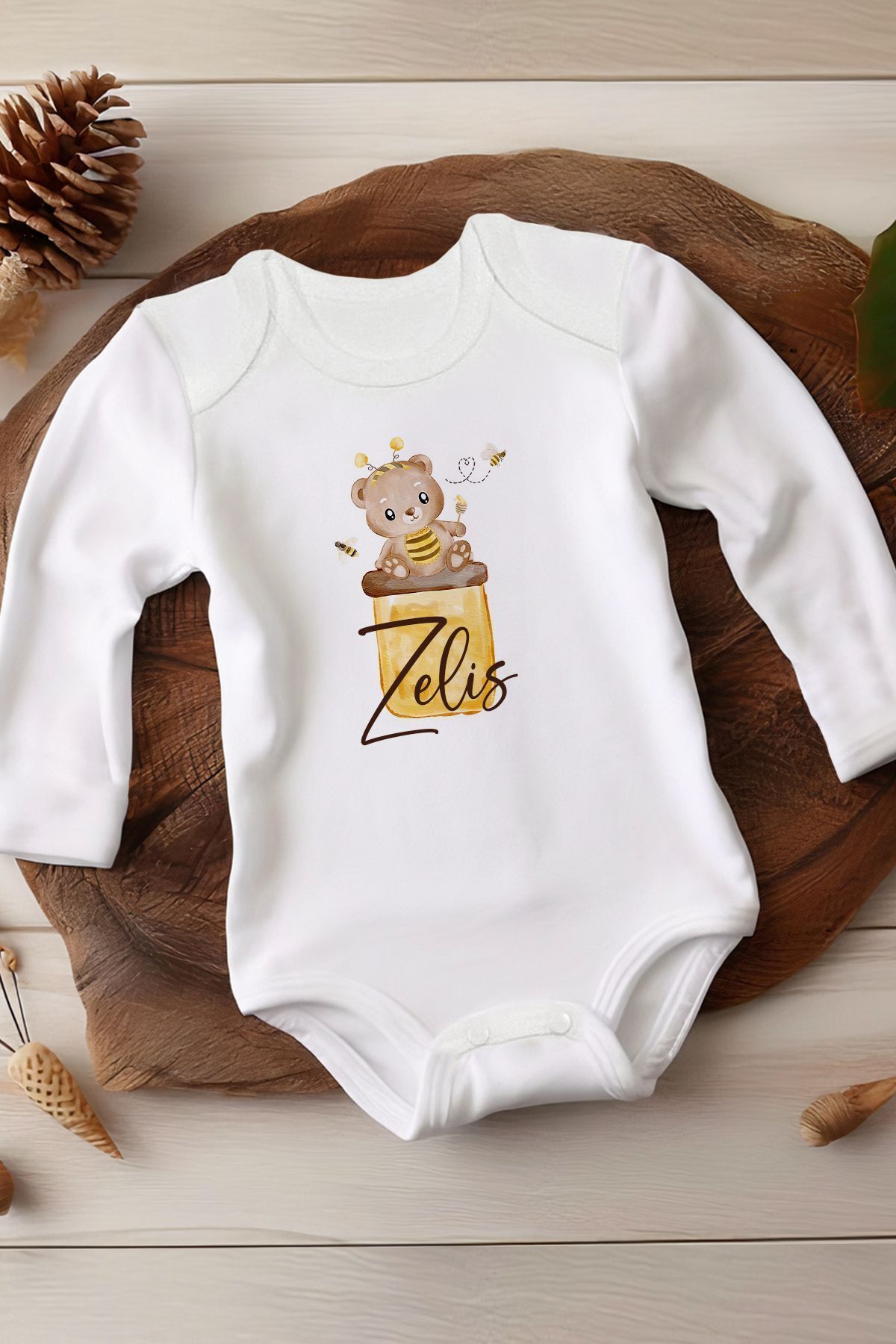 Homamia بدنه نوزادی آستین بلند با طرح شخصی زنبور عسل 100% پنبه ارگانیک - Homamia - هومومیا - بادی و زیرپوش نوزاد