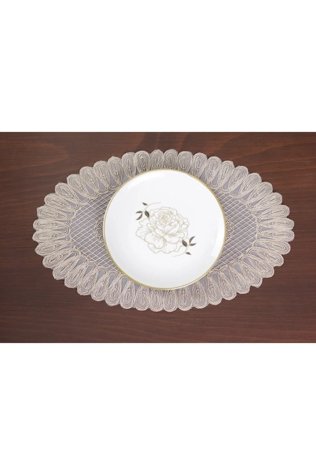رانر و زیر بشقابی مجموعه خدمات آمریکایی SUPLA RUNNER برای 6 نفر گلدوزی VIVIEN BEIGE 7 قطعه جدول ارائه Tropikhome
