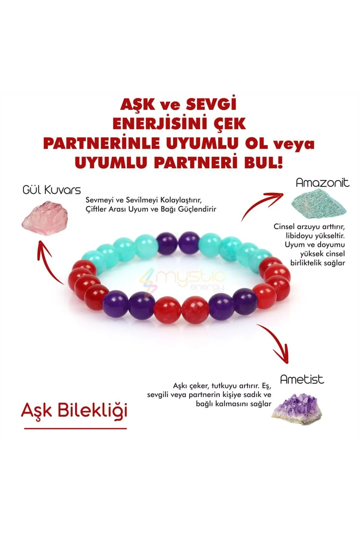 دستبند فشن سنگ طبیعی زوج هارمونی و عشق | آمیتیست رز کوارتز آمازونیت هدیه Mystic Energy