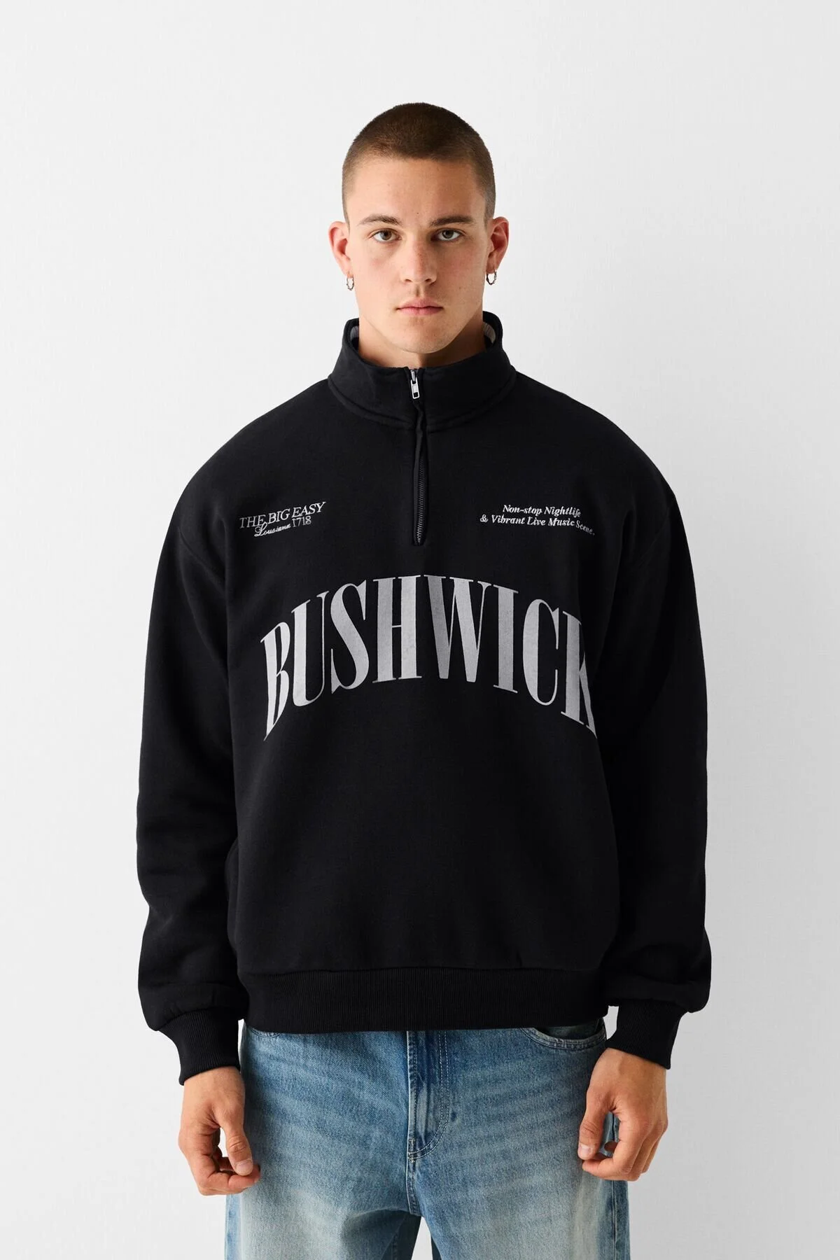 سویشرت مشکی مردانه پیراهن زیپ طرح دار برشکا Bershka