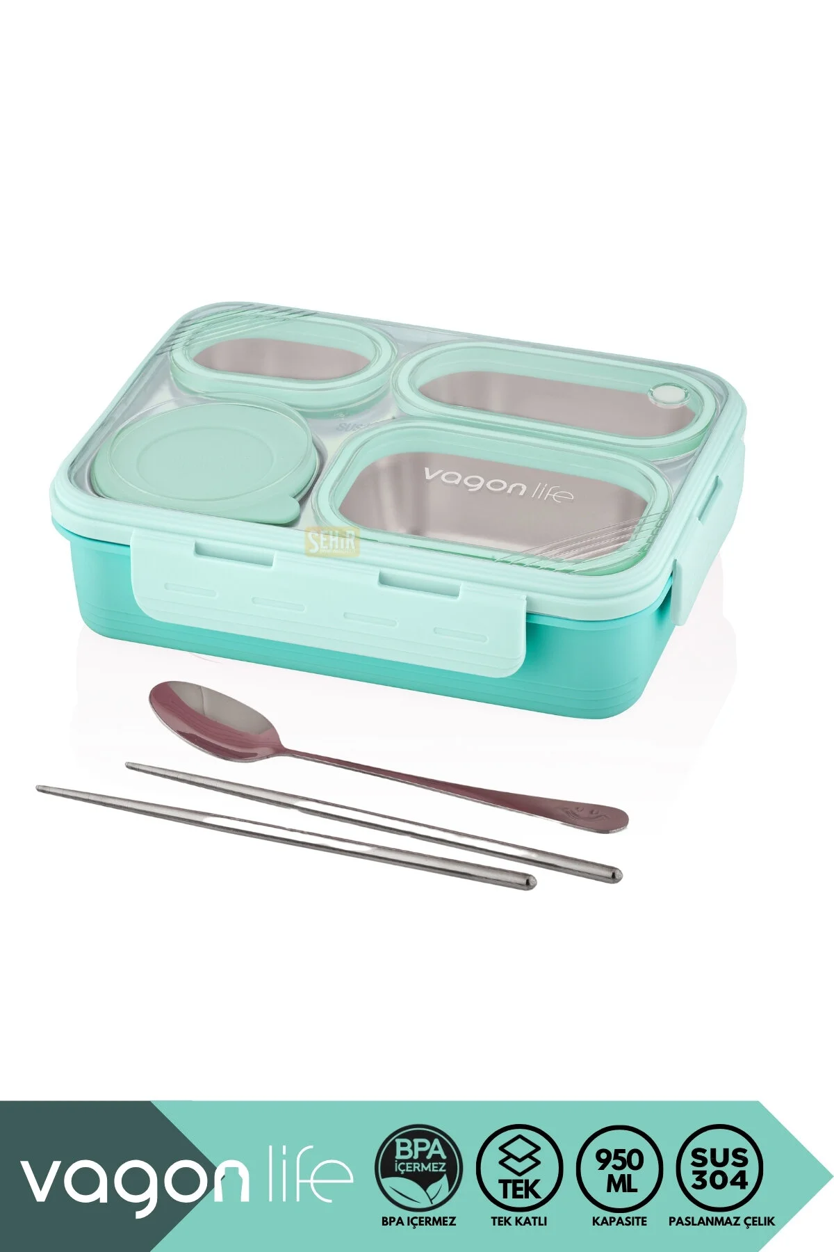 ست ظروف کمپینگ آبی BENTO 950ml Lunchbox مجموعه جدید یک طبقه 4 قسمت جعبه ناهار خوری خط استیل Vagonlife