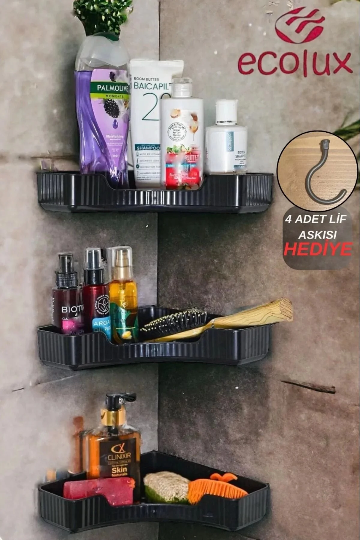 نظم‌دهنده حمام قفسه چسب 3L ویرایشگر شامپوی دوش سازمان دهنده کابین سیاه Ecolux