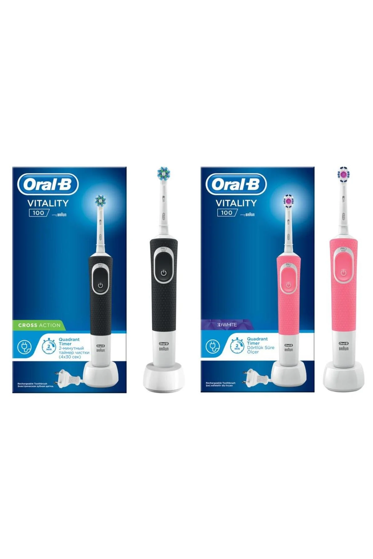 مسواک شارژی صورتی برقی D100 Action مشکی Pink 3D سفید Techend  Oral-B