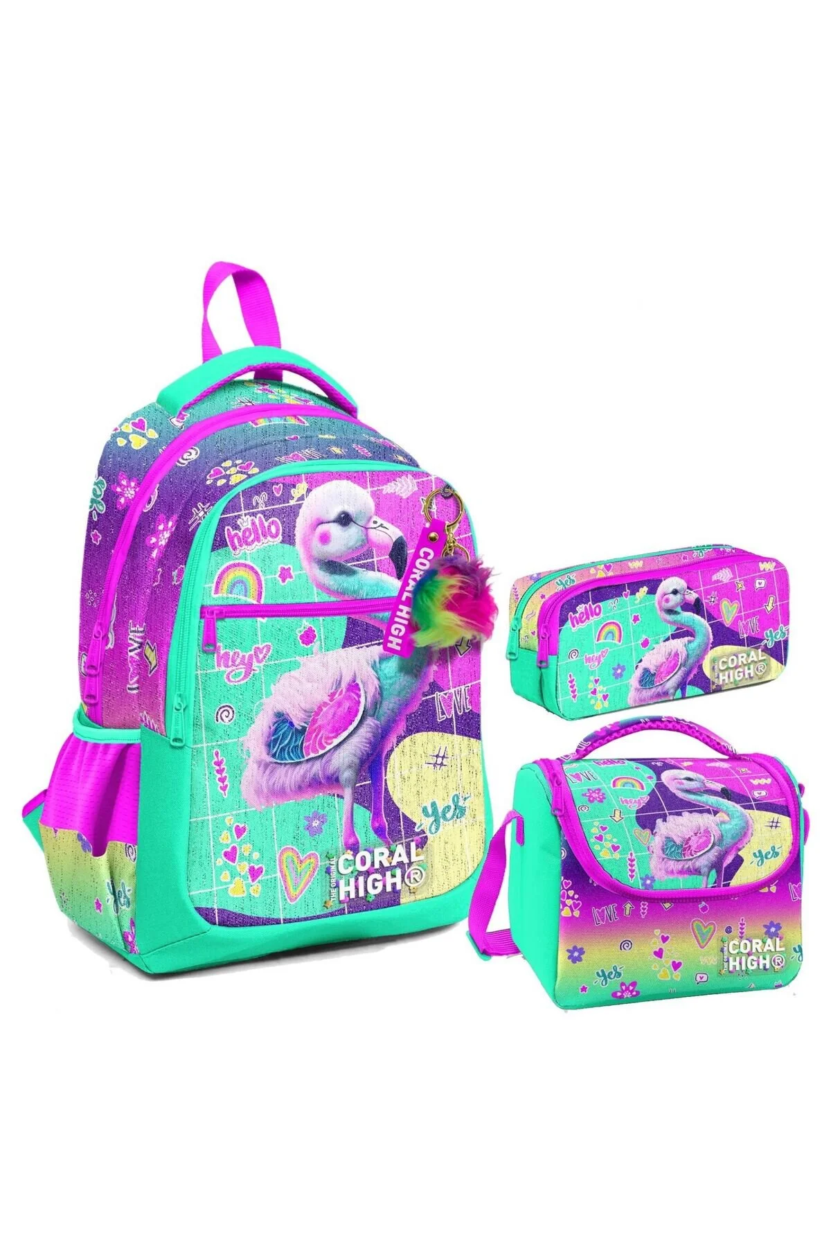 کیف مدرسه ست سه چشمی دخترانه دبستان صورتی طرح فلامینگو سبز آبی Coral High