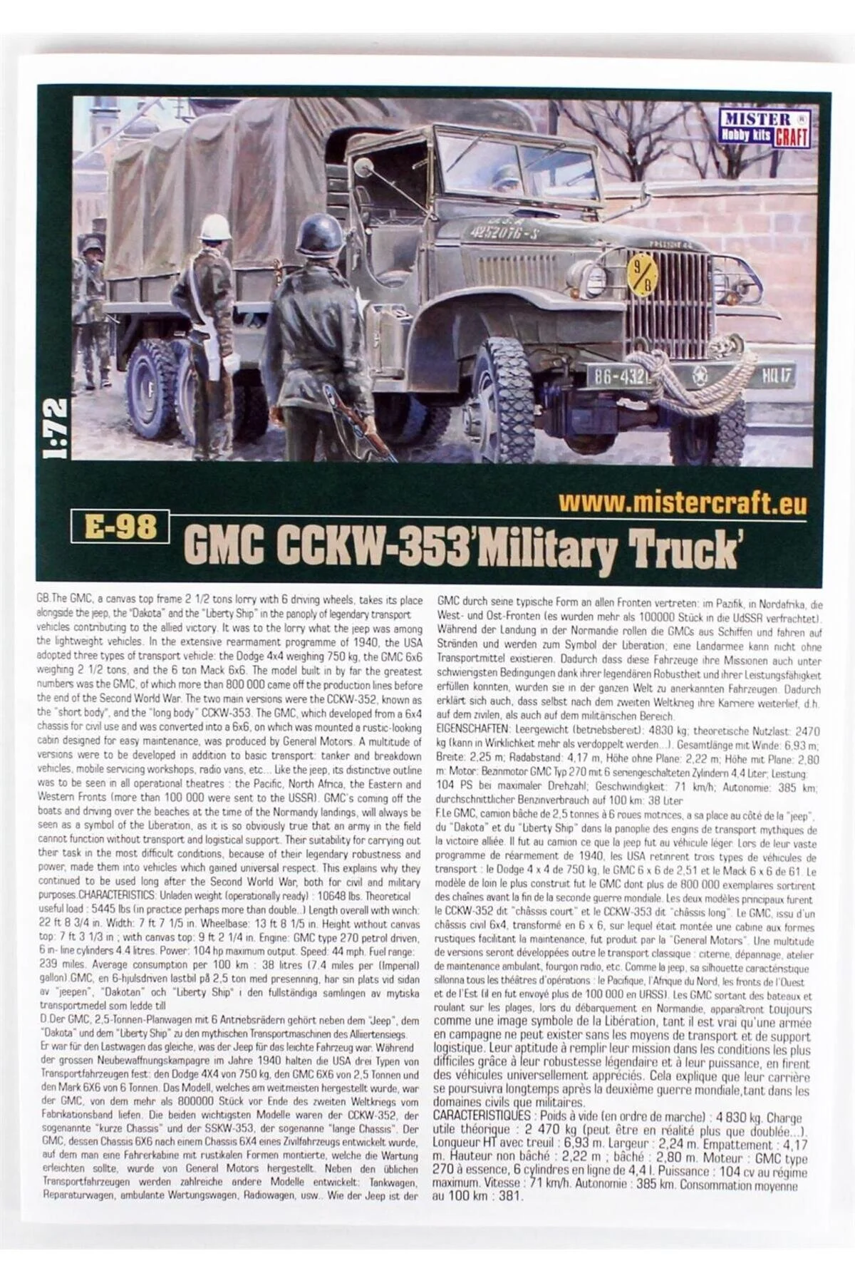 مدل خودرو E098 1 72 GMC CCKW 353 کیت پلاستیکی کامیون نظامی Mistercraft