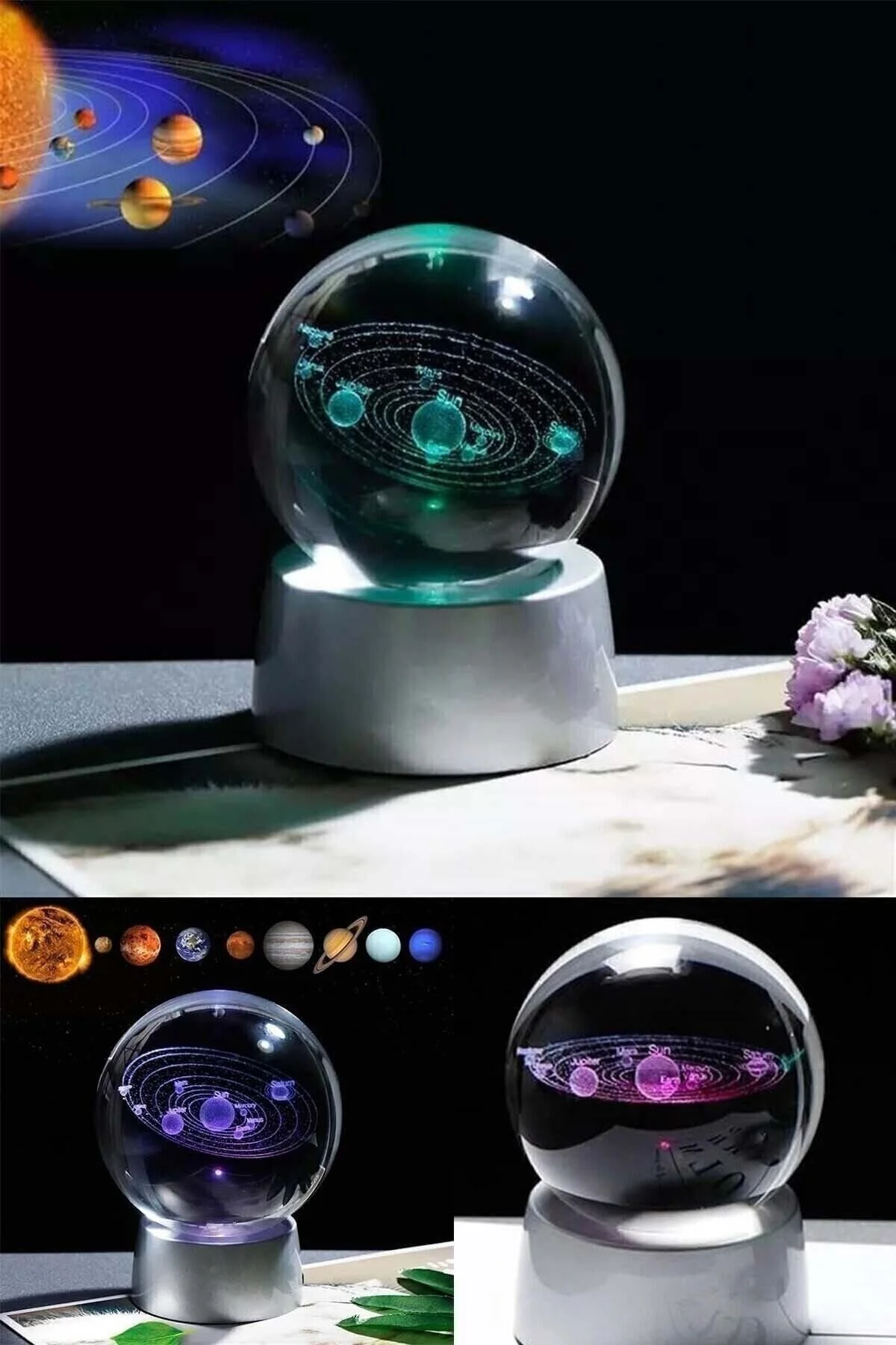 گوی برفی دکوراتیو گلوب شیشه ای در حال تغییر رنگ LED سیارات منظومه شمسی از ترکیه TeknoClass