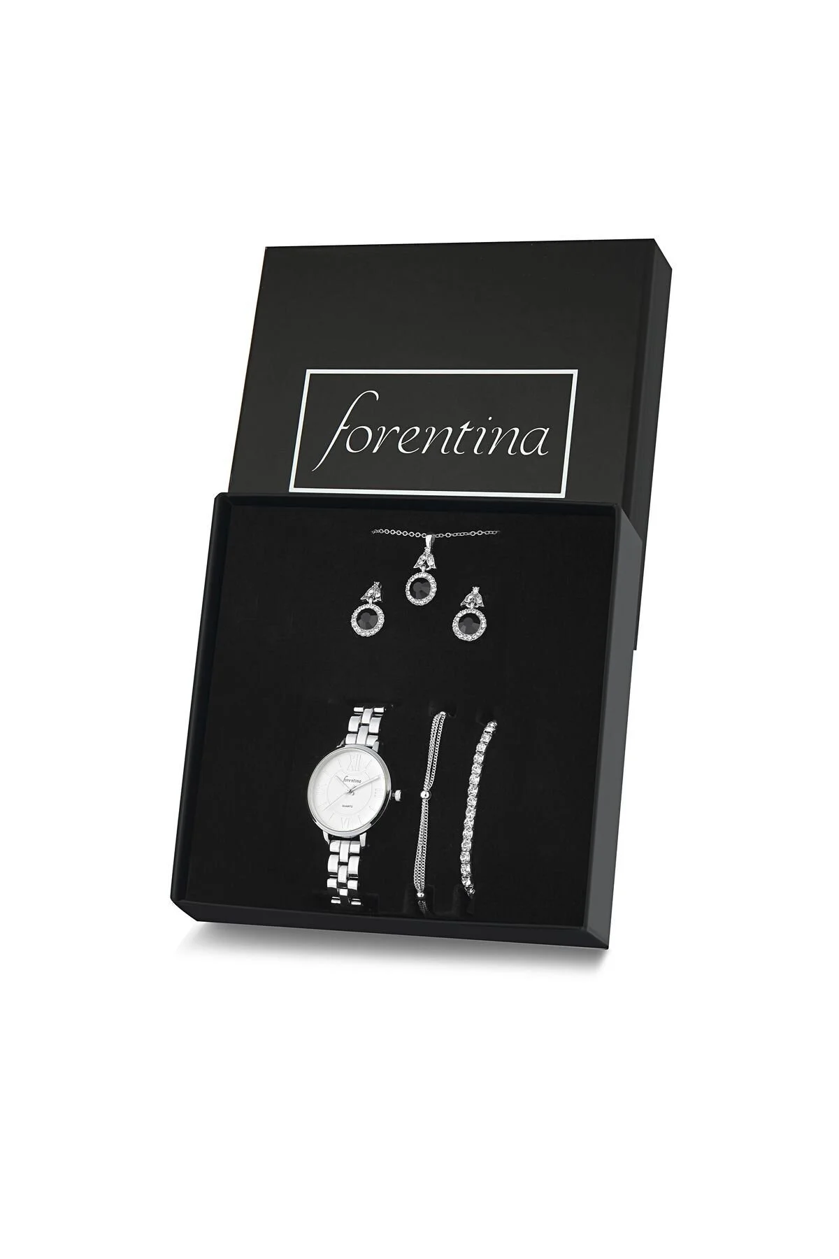 ست ساعت زنانه گوشواره های گردنبند سنگی سیاه روکش شده نقره ای مجموعه هدیه WRACELET Forentina