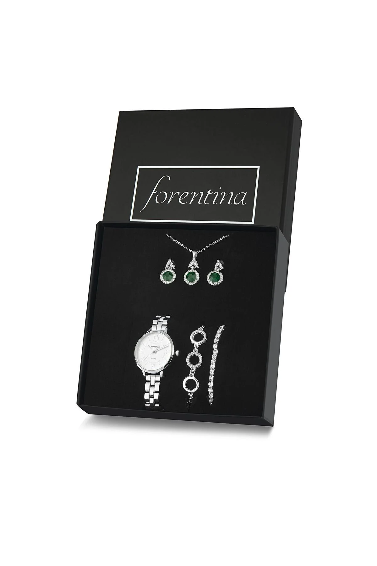 ست ساعت زنانه مجموعه هدیه دستبند گوشواره با روکش نقره ای Forentina