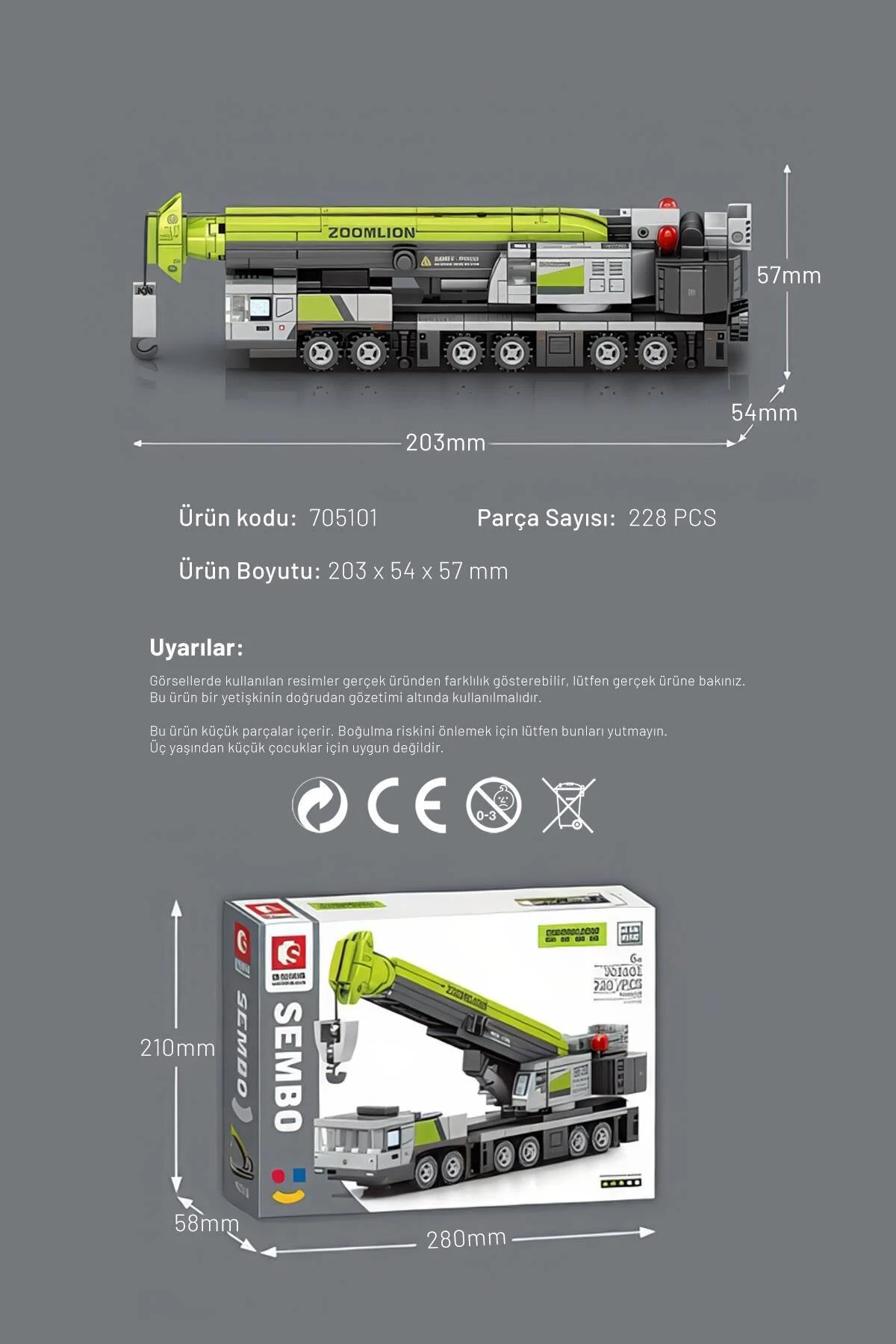 لگو و اسباب بازی های ساخت محور بلوک ساختمانی دارای مجوز ZOOMLION MINI CRANE 228 PIECE سازگار با LEGO 705101 از ترکیه Sembo Block