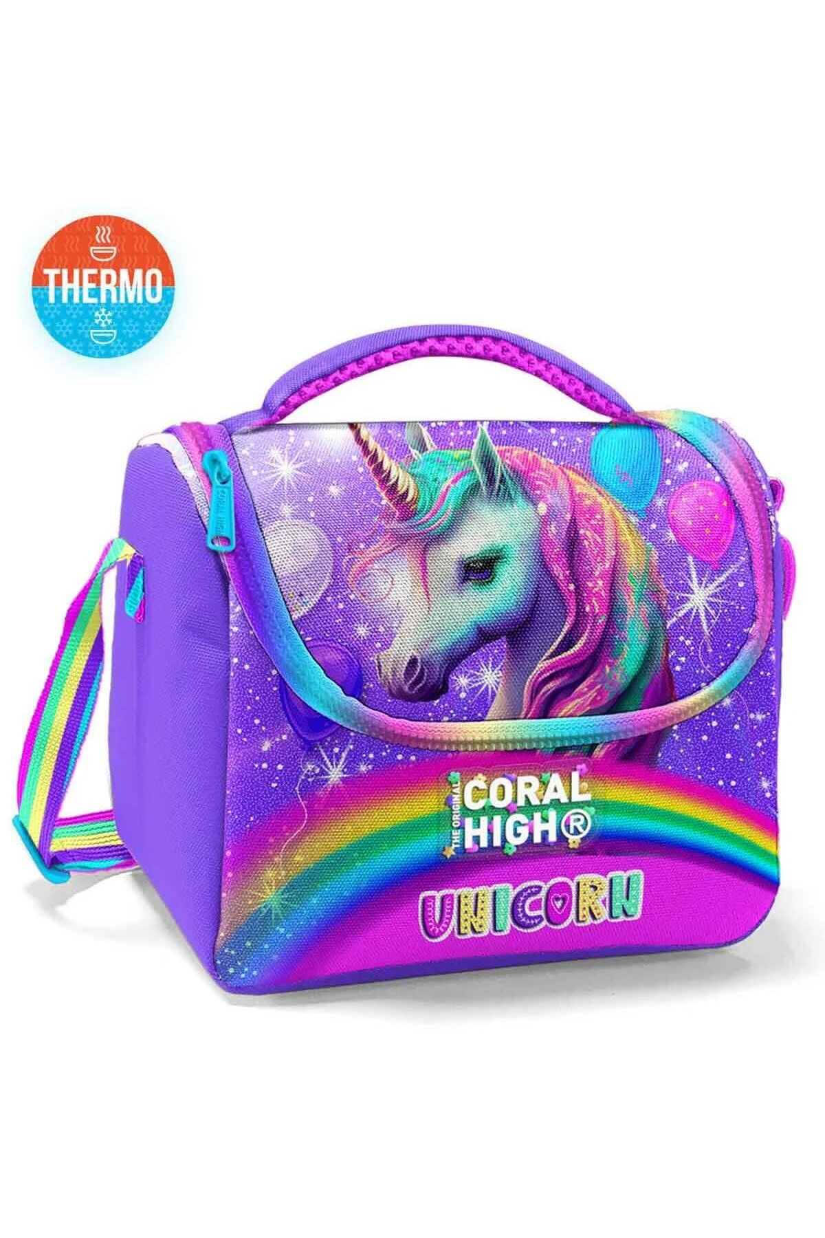 کیف ناهار کیسه 11873 بچه گانه صورتی بنفش نقره ای تکشاخ طرح دار ترمو Coral High