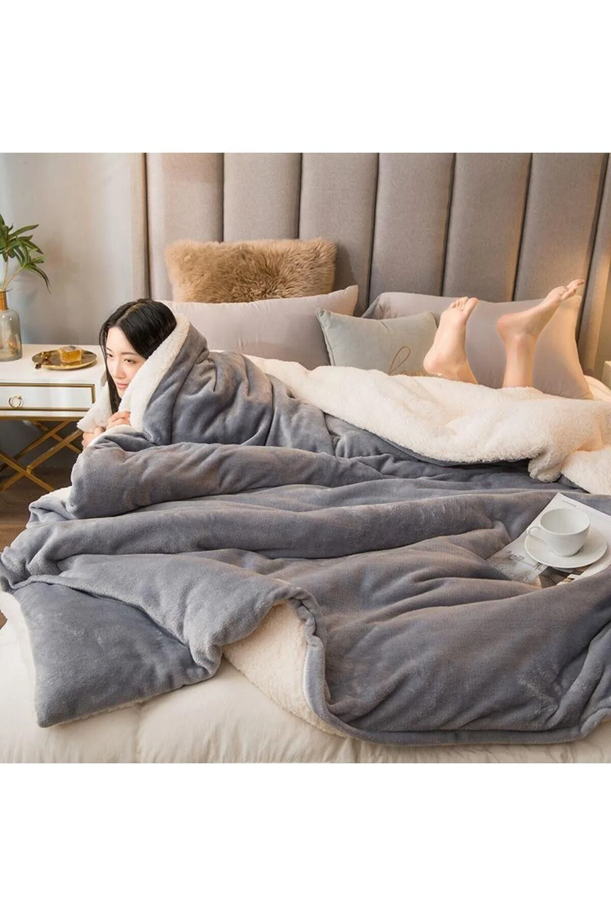 پتوی یک نفره خاکستری یتو پتو قطبی Sherpa دو طرفه تک 160X220 سانتی متر  Mulberry