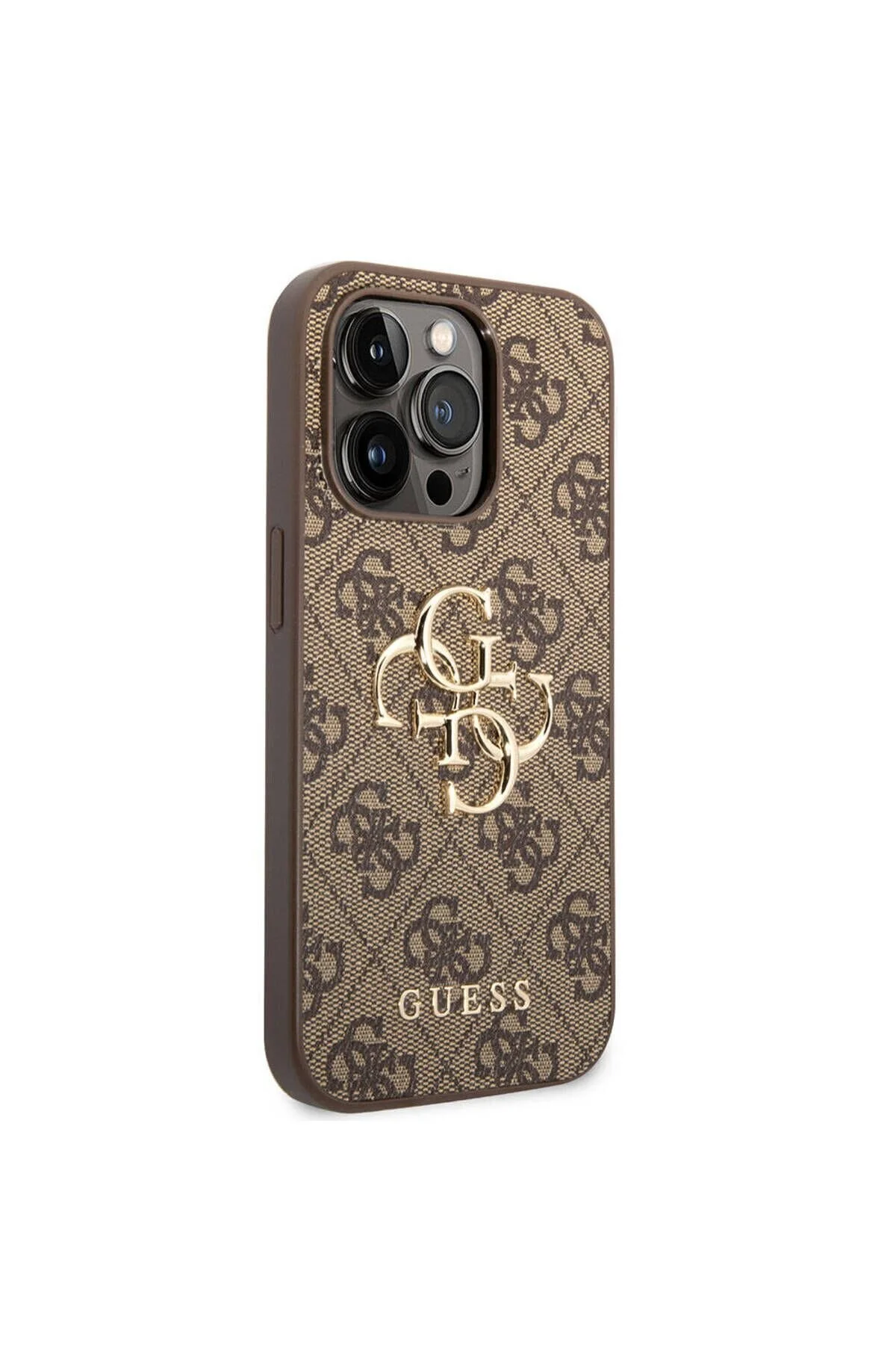 کاور و قاب سازگار IPHONE 15 PRO MAX GUESS دارای مجوز متن PU چرم الگوی لوگوی فلزی 4G قهوه ای Guess