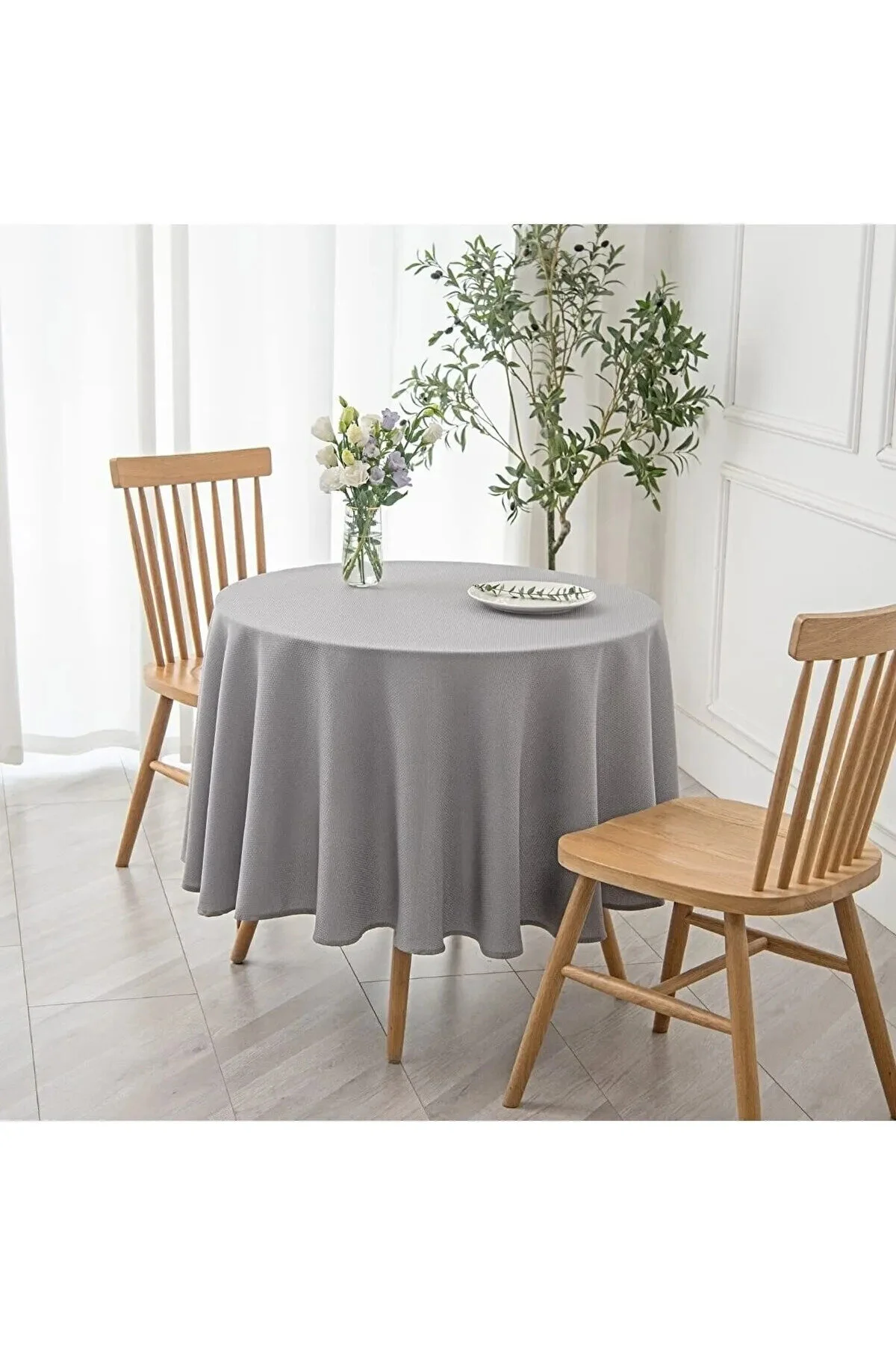رومیزی خاکستری مایع با احتیاط دور و سفره کتانی بدون رنگ  Zeren Home