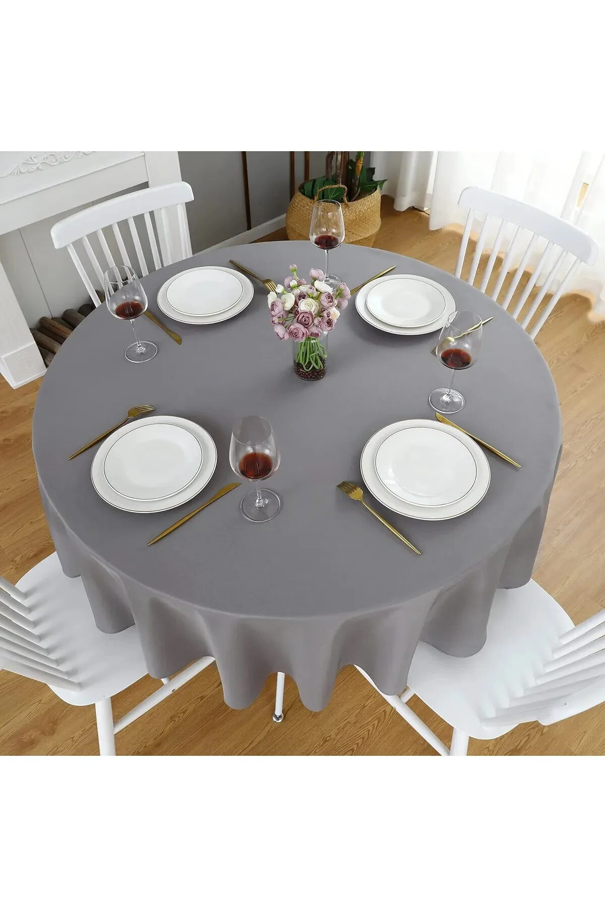 رومیزی خاکستری مایع با احتیاط دور و سفره کتانی بدون رنگ  Zeren Home