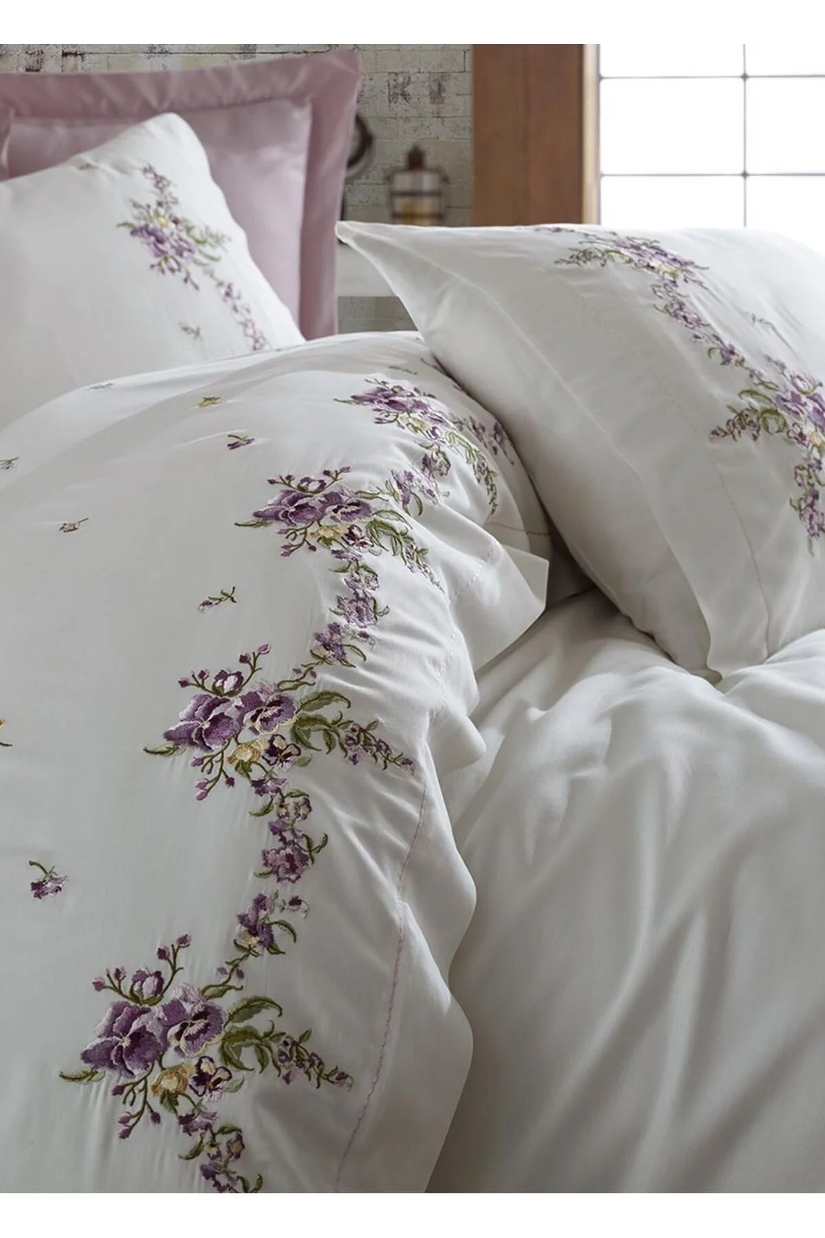 کاور لحاف دو نفره سفید سرویس روتختی Nisa Cotton Satin Double Duvet Cover Set Dantela