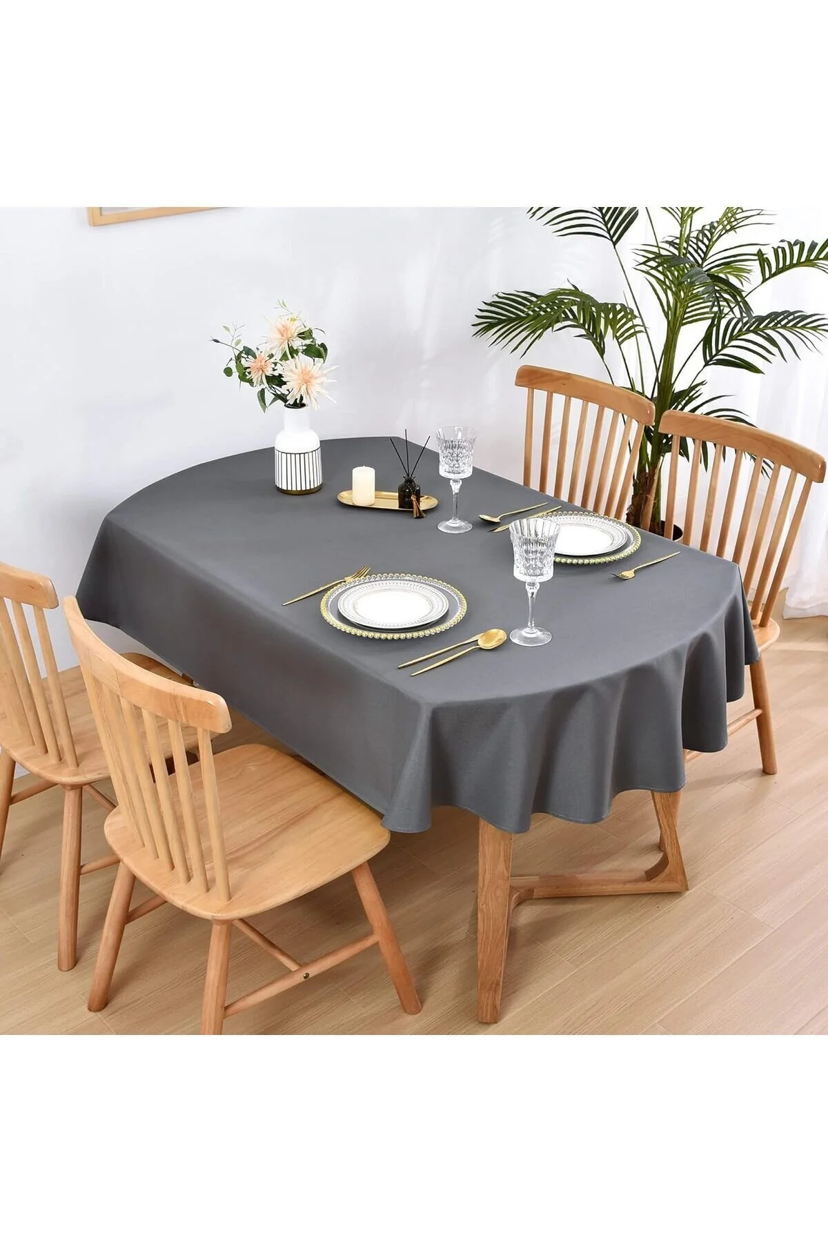 رومیزی خاکستری سفره بیضی بدون ضد مایع  Zeren Home
