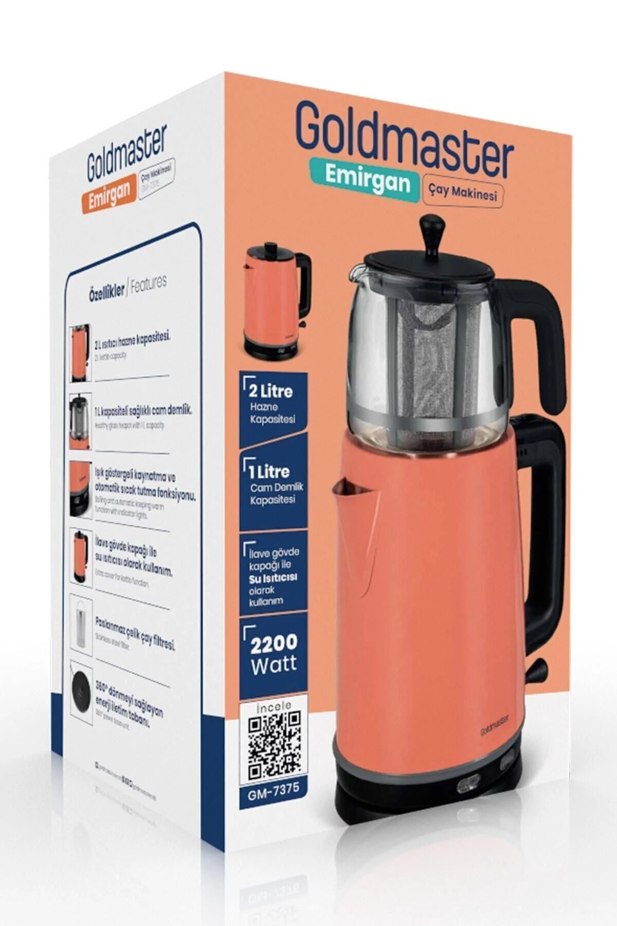 چای ساز و کتری اینوکس EMIRGAN 2200 وات اتاق بزرگ استیل ضد زنگ GoldMaster