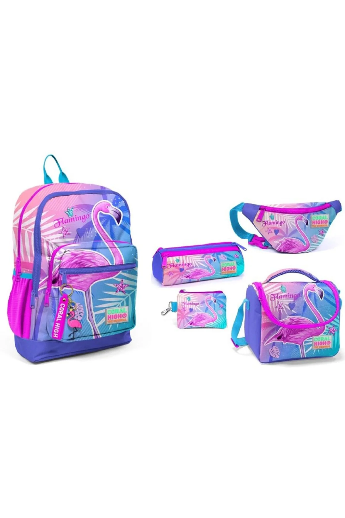 کیف مدرسه ست دخترانه دبستان جدید صورتی طرح فلامینگو پنج تکه Coral High