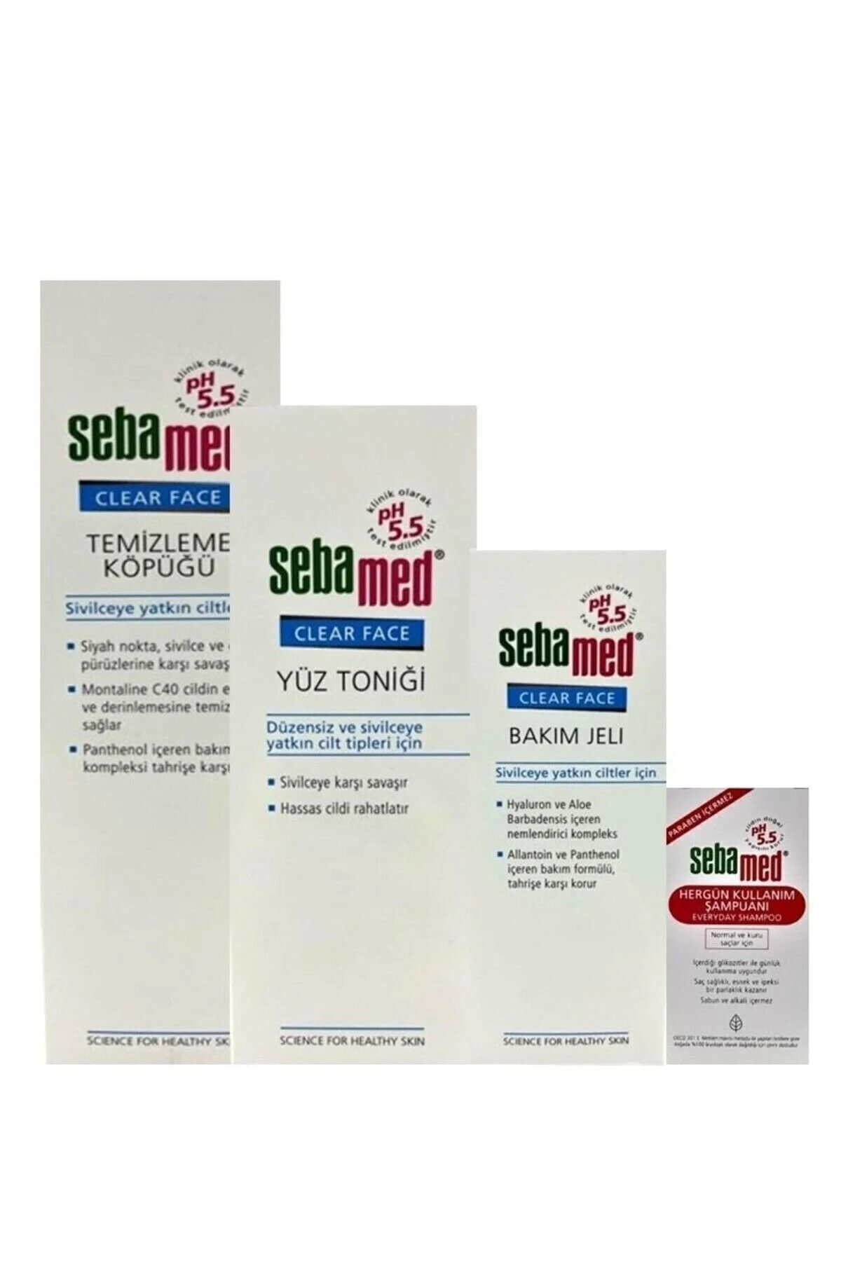 Sebamed پاک کننده صورت شفاف فومی 150 میلی لیتر، ژل مراقبتی 50 میلی لیتر، تونیک صورت 150 میلی لیتر، شامپو کوچک. Hed. 20 میلی لیتر