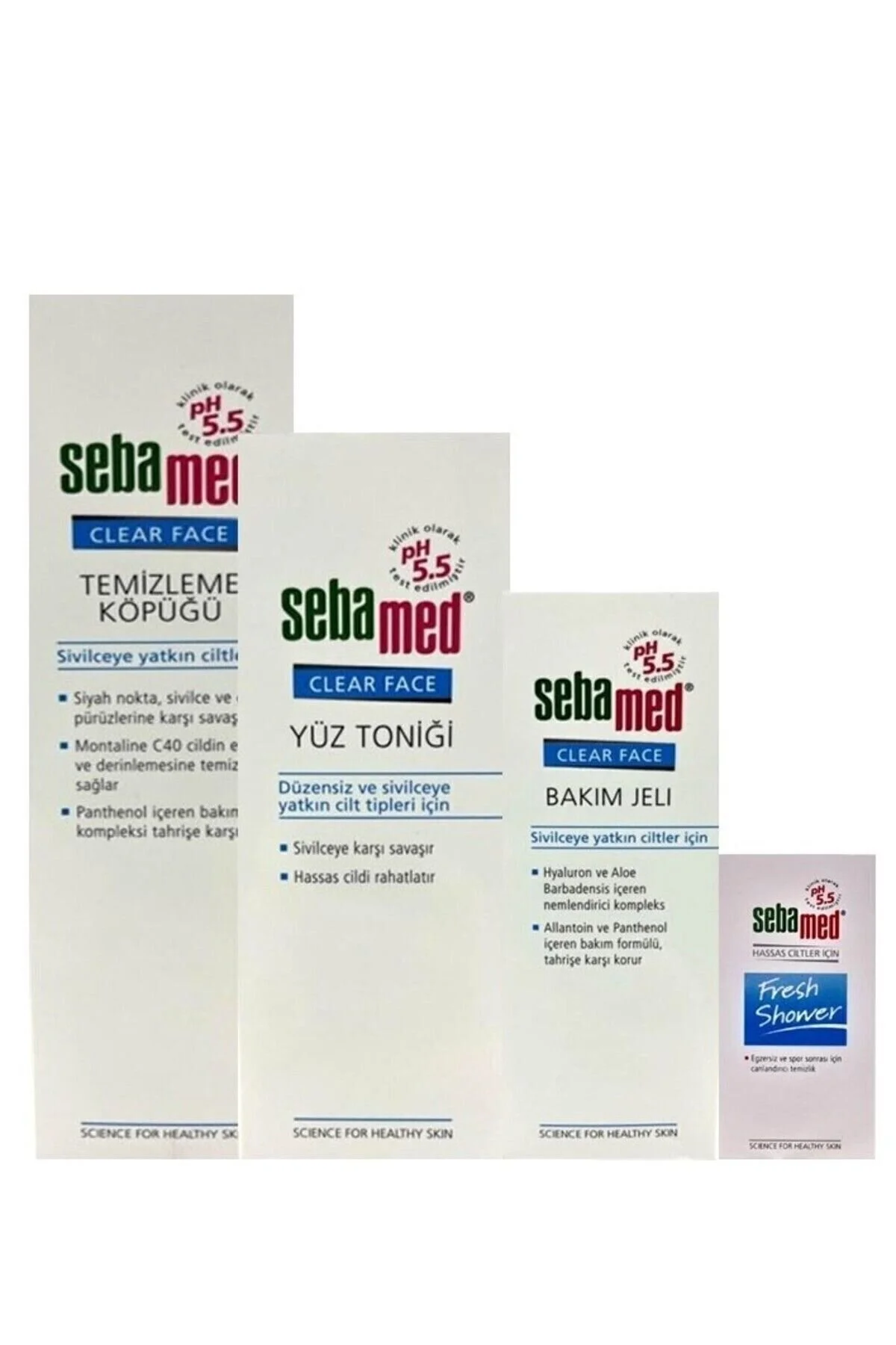 Sebamed پاک کننده صورت شفاف با فوم 150 میلی لیتر، ژل مراقبتی 50 میلی لیتر، تونیک صورت 150 میلی لیتر، هدیه شاور ژل کوچک 20 میلی لیتر