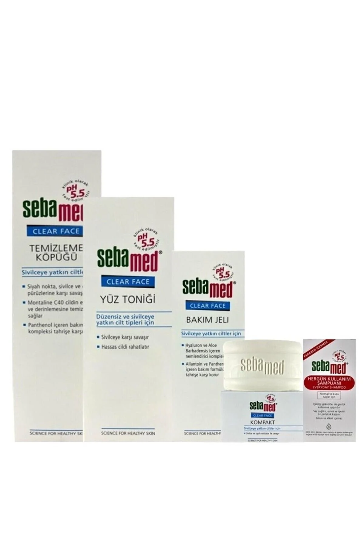Sebamed پاک کننده صورت شفاف با فوم 150 میلی لیتر، ژل 50 میلی لیتر، تونیک 150 میلی لیتر، صابون 100 گرم، شامپو کوچک 20 میلی لیتر هدیه