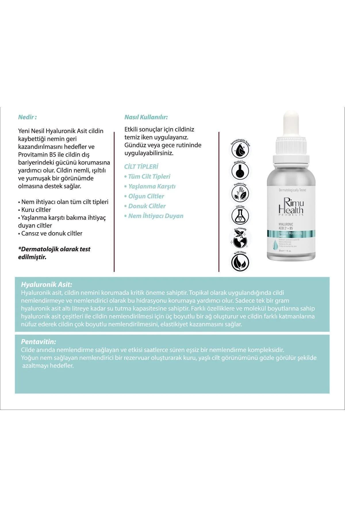 سرم مرطوب کننده بدون عطر برای تمامی انواع پوست با هیالورونیک اسید 2% و B5 حجم 30 میلی لیتر Rimu Health Products