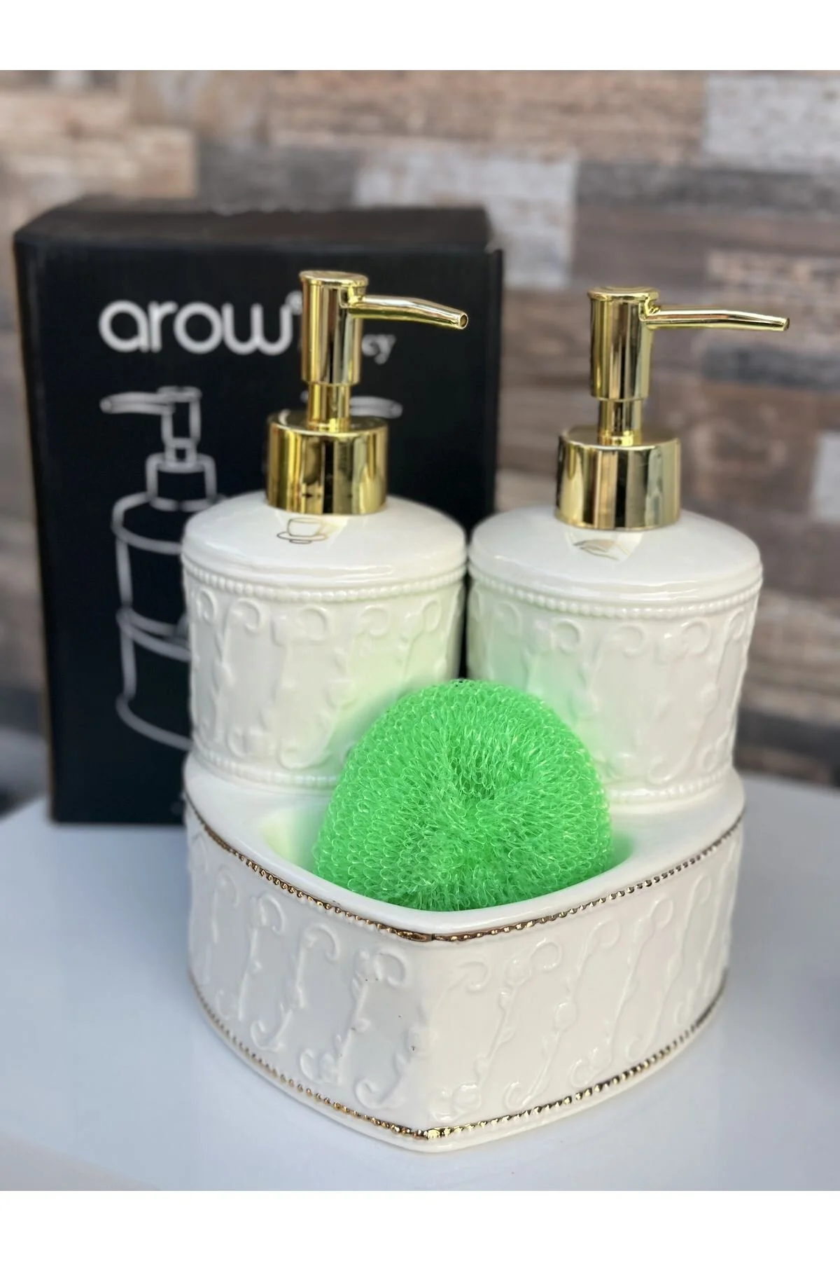 جاصابونی سفید جای صابون و مایع دستشویی 2 مواد شوینده چینی محفظه  AROW