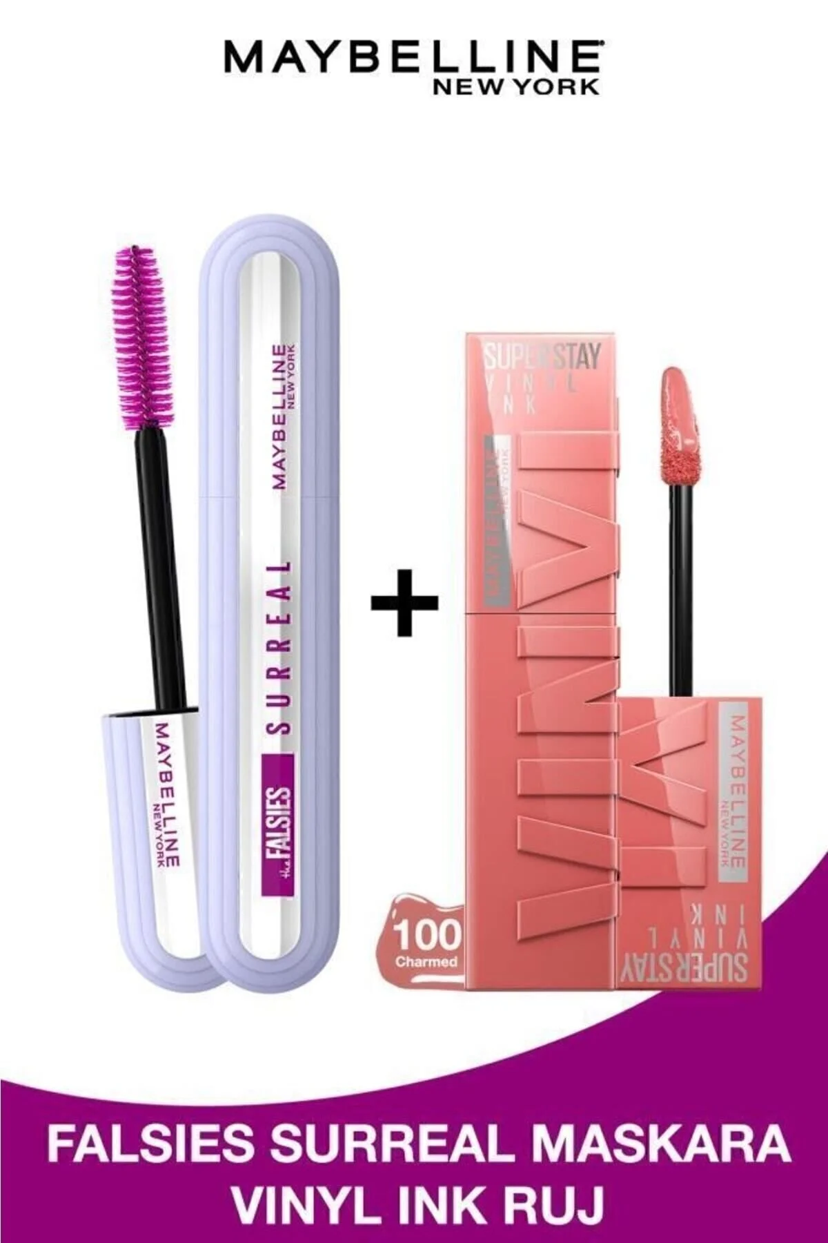 ست آرایشی FALSIES ریمل سورئال و جوهر فوق العاده وینیل برای مدت طولانی رژ لب روشن مایع دائمی 100 جذاب Maybelline New York