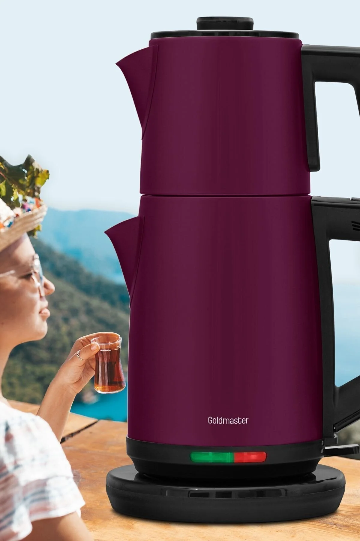 چای ساز و کتری استیل طرح بدون چکه AKASYA MATTE PURPLE XL 2200 وات ثبت اختراع GoldMaster