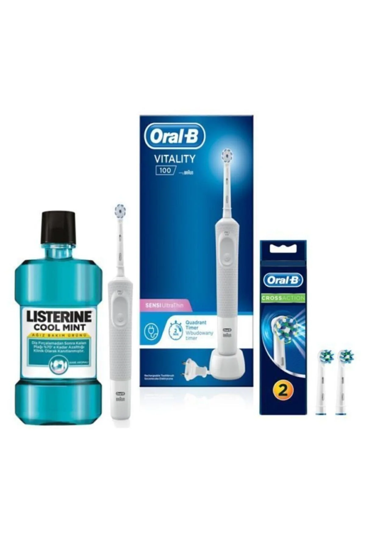 مسواک شارژی برس VITALITY D100 + نازل 2 بسته ای متقاطع نعنای خنک لیسترین 500 میل اورجینال Oral-B