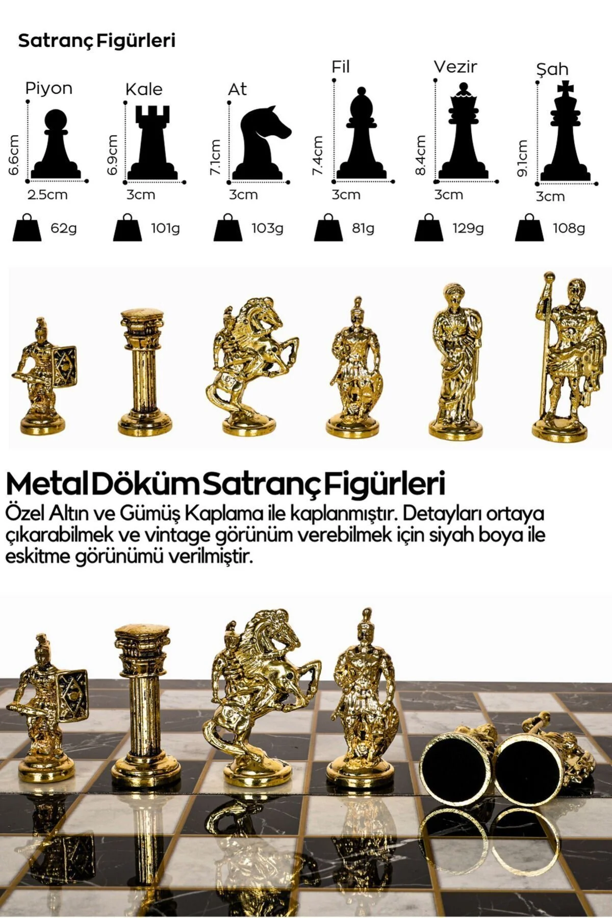 شطرنج مجموعه فلزی بزرگ | 44 سانتی متر الگوی سنگ مرمر امپراتوری رومی شکل سزار Cooper Chess
