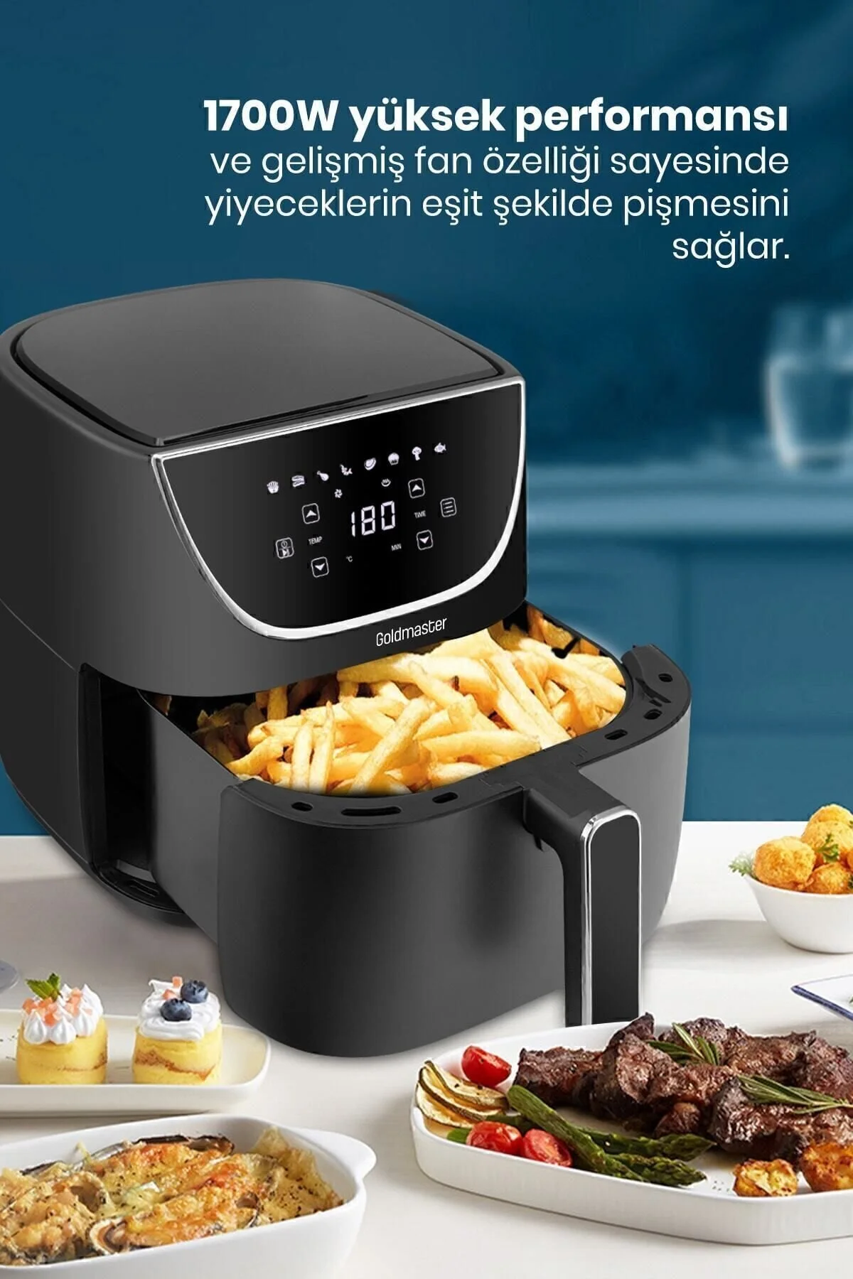 سرخ کن با هوای داغ 1700 وات دیجیتال تاچ 5.7 لیتری بدون روغن 8 برنامه از قبل اورجینال GoldMaster