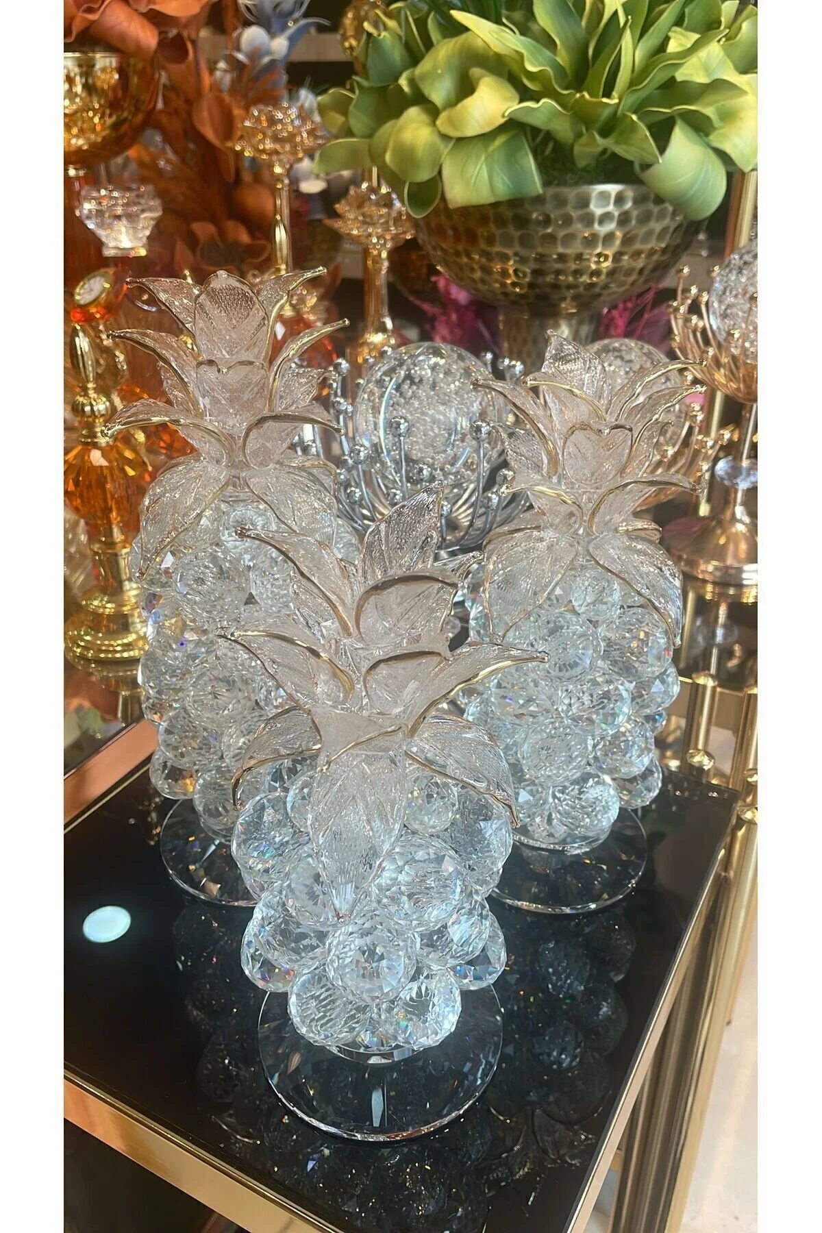 اشیاء دکوراتیو و مجسمه 3 قطعه طلای آناناس اورجینال Kristal