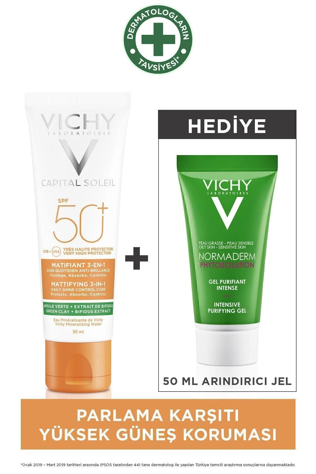 ست کرم ضد آفتاب مجموعه مراقبت از پوست پوستی SOLEIL ایده آل: سرمایه SPF50+و ژل تصفیه NORMADERM ویشی Vichy