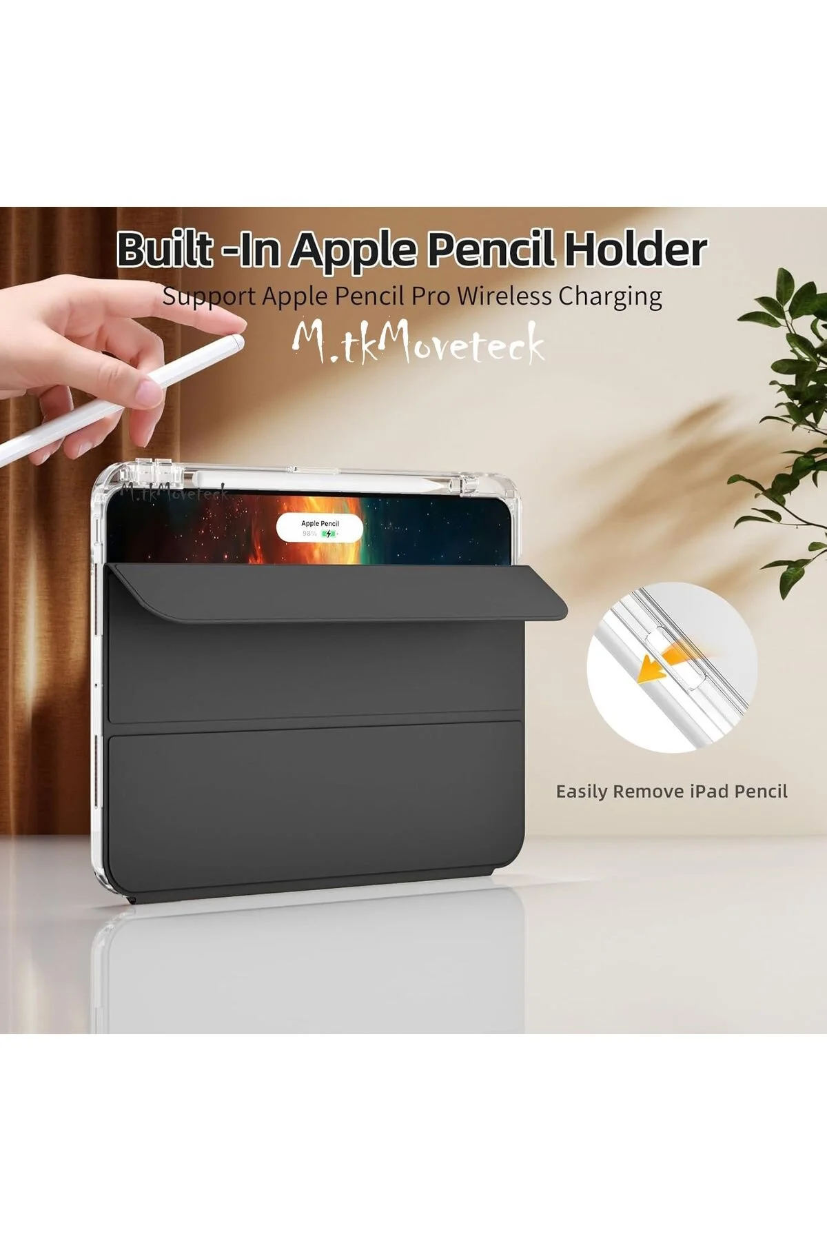 کاور تبلت قاب سازگار 13 اینچی IPAD PRO M4 2024 با محفظه قلم شارژی مغناطیسی و حالت خواب هوشمند قابل جدا شدن m.tk moveteck
