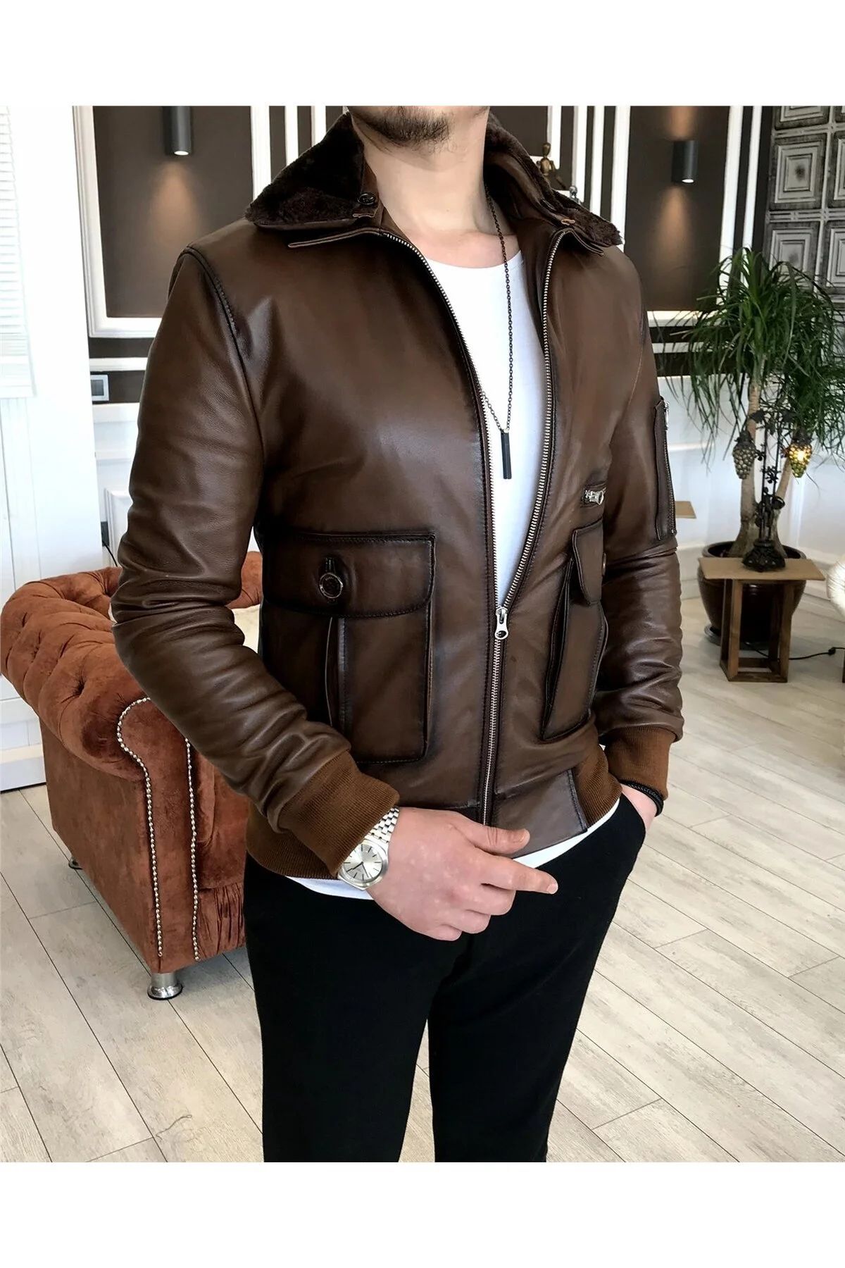 کاپشن کت چرم 100% یقه خز پوست بره اصلی TAN T5058 TerziAdemAltun