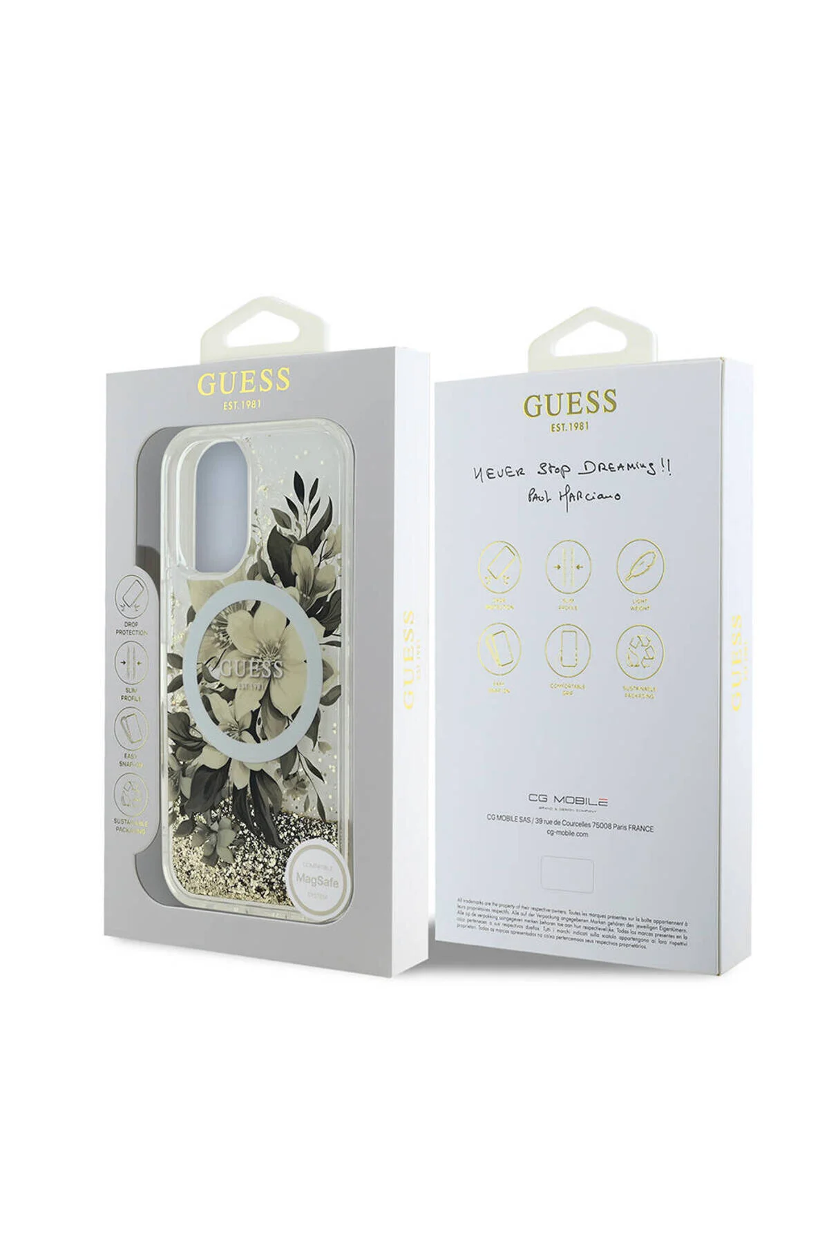کاور و قاب محافظ آیفون 16 دارای مجوز MAGSAFE LIQ GLITTER FLOWER COVER با ویژگی شارژ بژ Guess