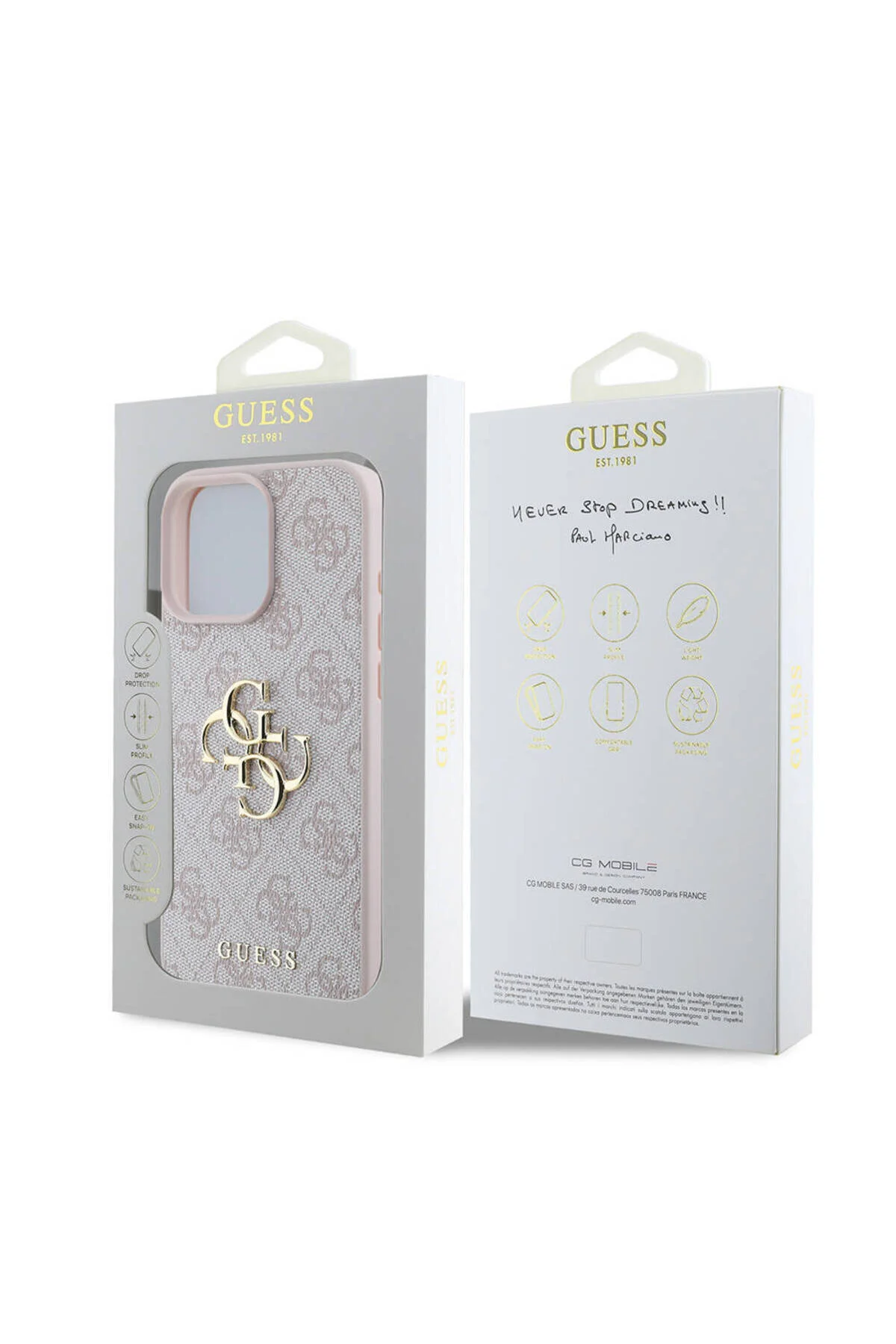 کاور و قاب IPHONE 16 PRO MAX COMPATIBLE CASE GUESS LICENSED PU LEATHER 4G PATTERN METAL LARGE AND TEXT LOGO PINK Guess