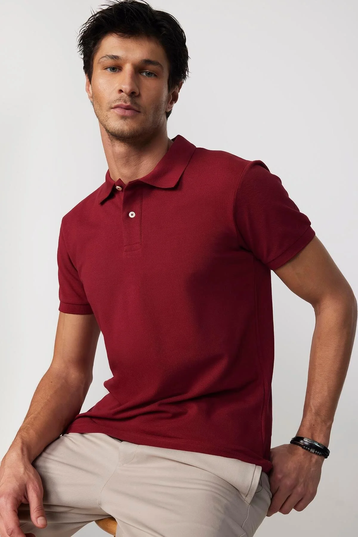 تی شرت یقه پولو مردانه برش باریک مردان 100 ٪ پنبه مسطح ای بورگوندی T SHIRT Tudors
