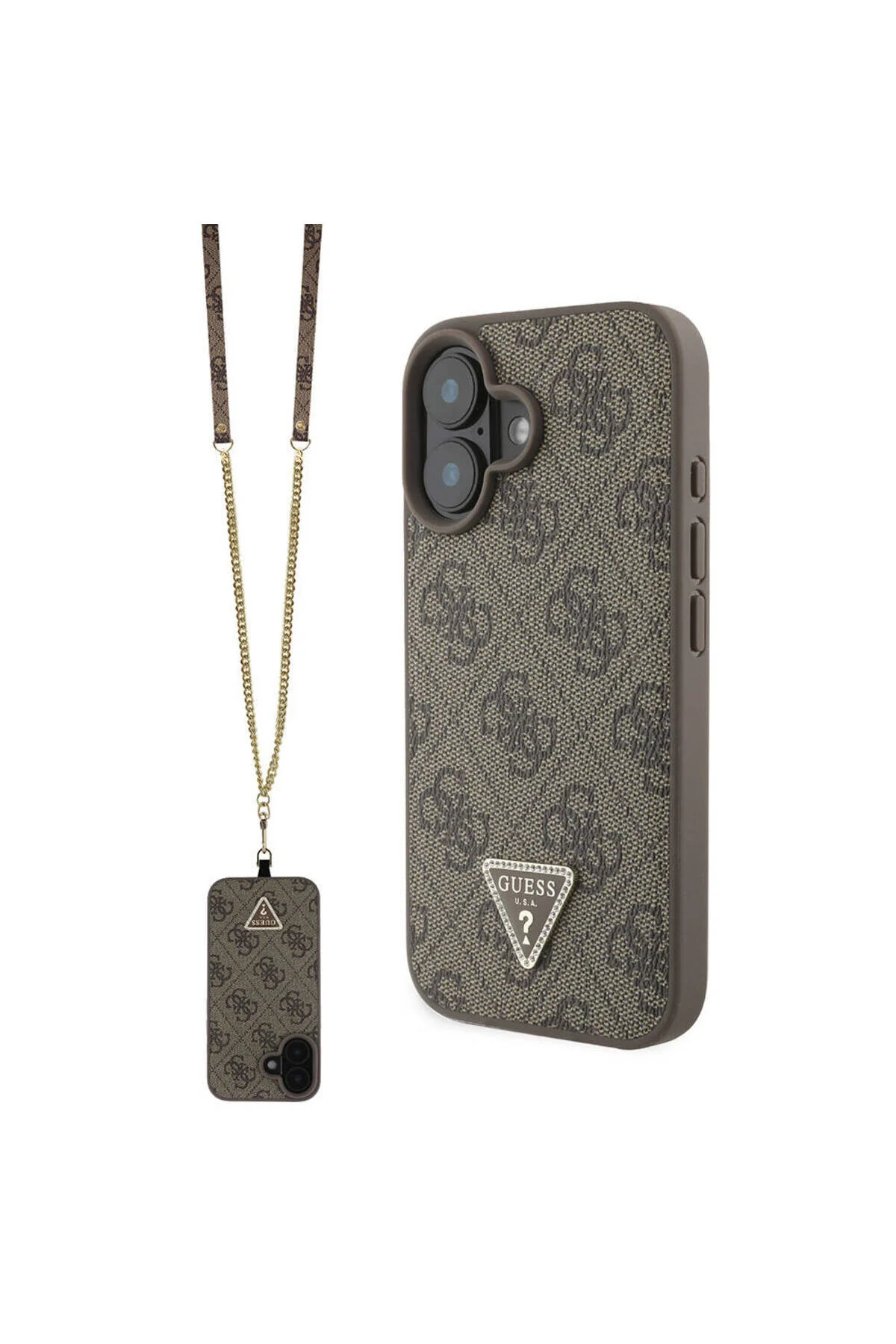کاور و قاب محافظ آیفون 16 پلاس دارای مجوز GUESS PU LEATHER STONED METAL TRIANGLE LOGO بدنه بند 4G Guess
