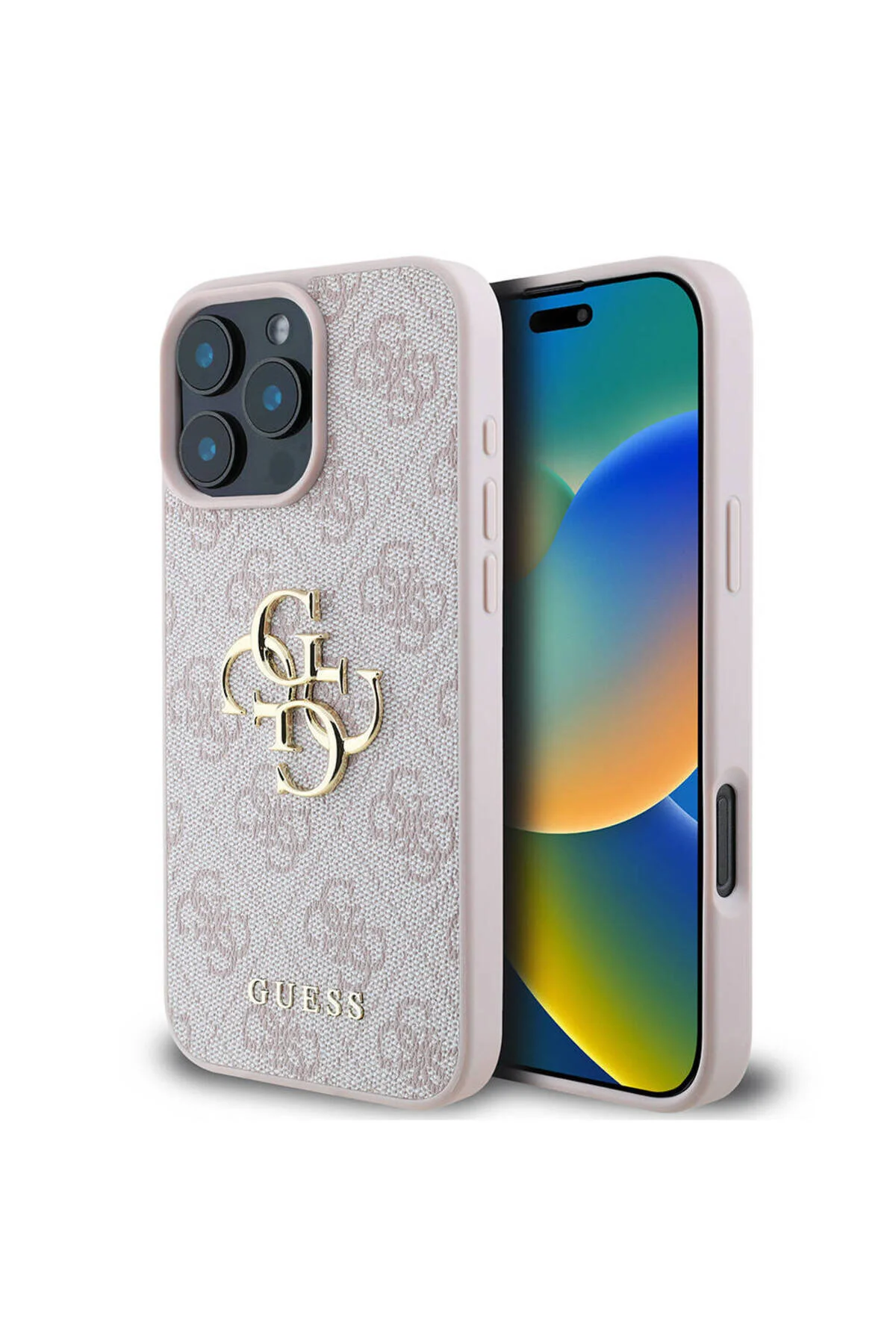 کاور و قاب IPHONE 16 PRO MAX COMPATIBLE CASE GUESS LICENSED PU LEATHER 4G PATTERN METAL LARGE AND TEXT LOGO PINK Guess