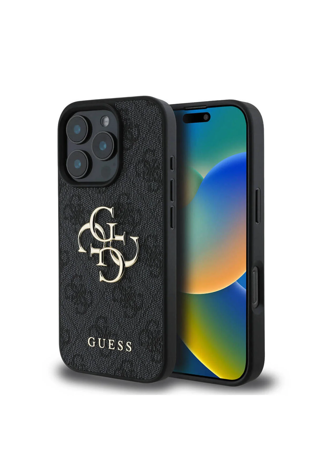 کاور و قاب IPHONE 16 PRO MAX CASE GUESS LICENSED PU LEATHER 4G PATTERN METAL LARGE لوگوی متنی مشکی Guess