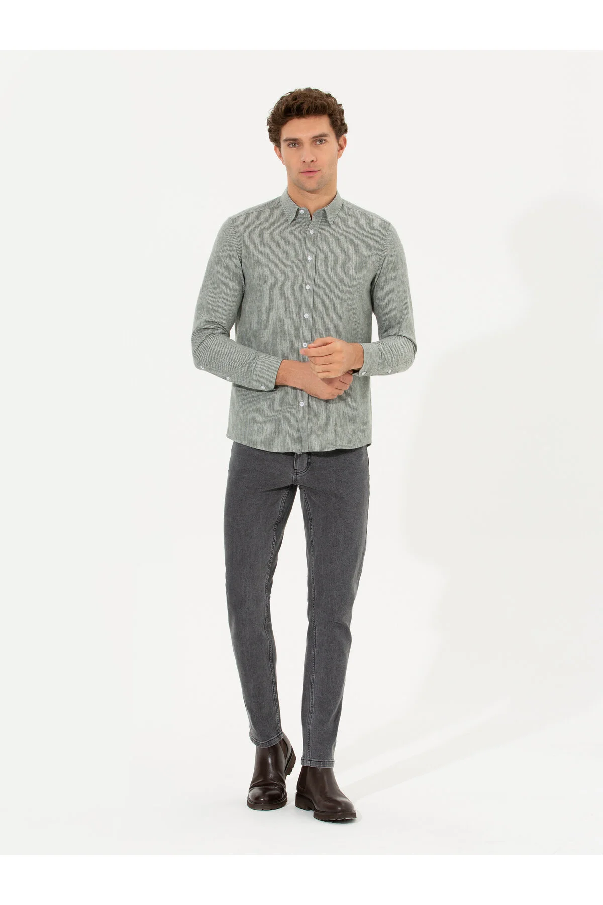 پیراهن بلوز دکمه دار آستین بلند خاکی SLIM FIT 50255618 VR027 کاشارل Cacharel
