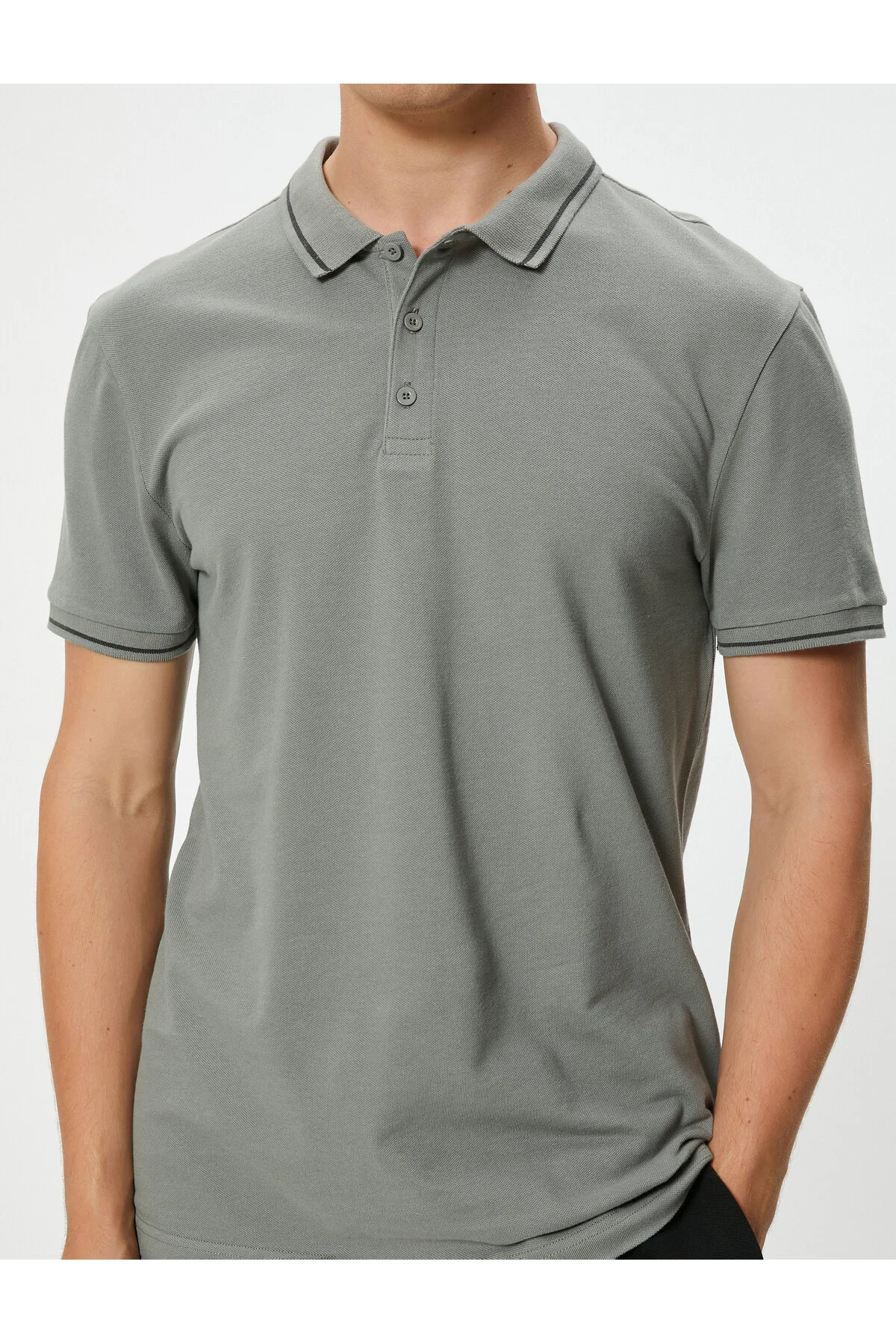 تی شرت یقه پولو خاکستری مردانه پنبه آستین کوتاه Slim Fit Polo T Shirt Line کوتون Koton