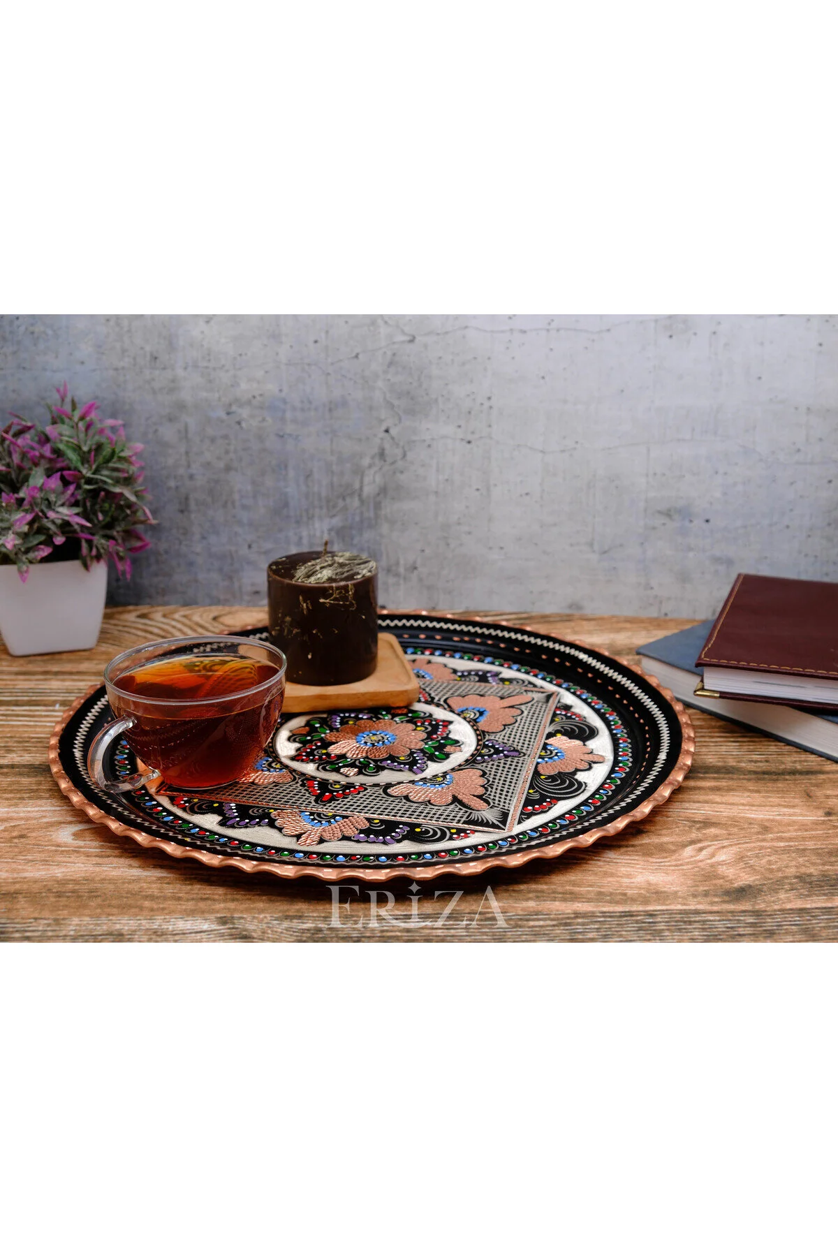 سینی چند رنگ مسی سرویس مس گلدوزی شده گرد 35 سانتی متر  ERİZA