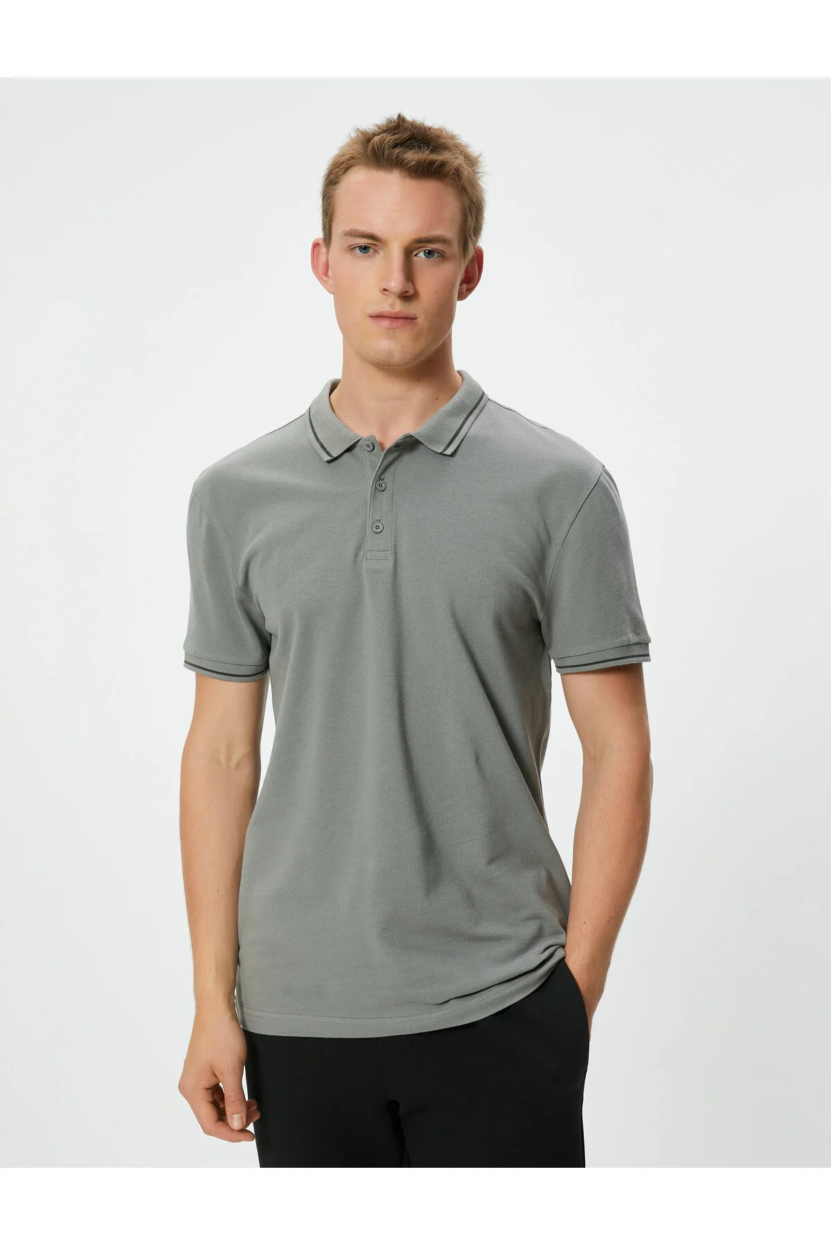 تی شرت یقه پولو خاکستری مردانه پنبه آستین کوتاه Slim Fit Polo T Shirt Line کوتون Koton