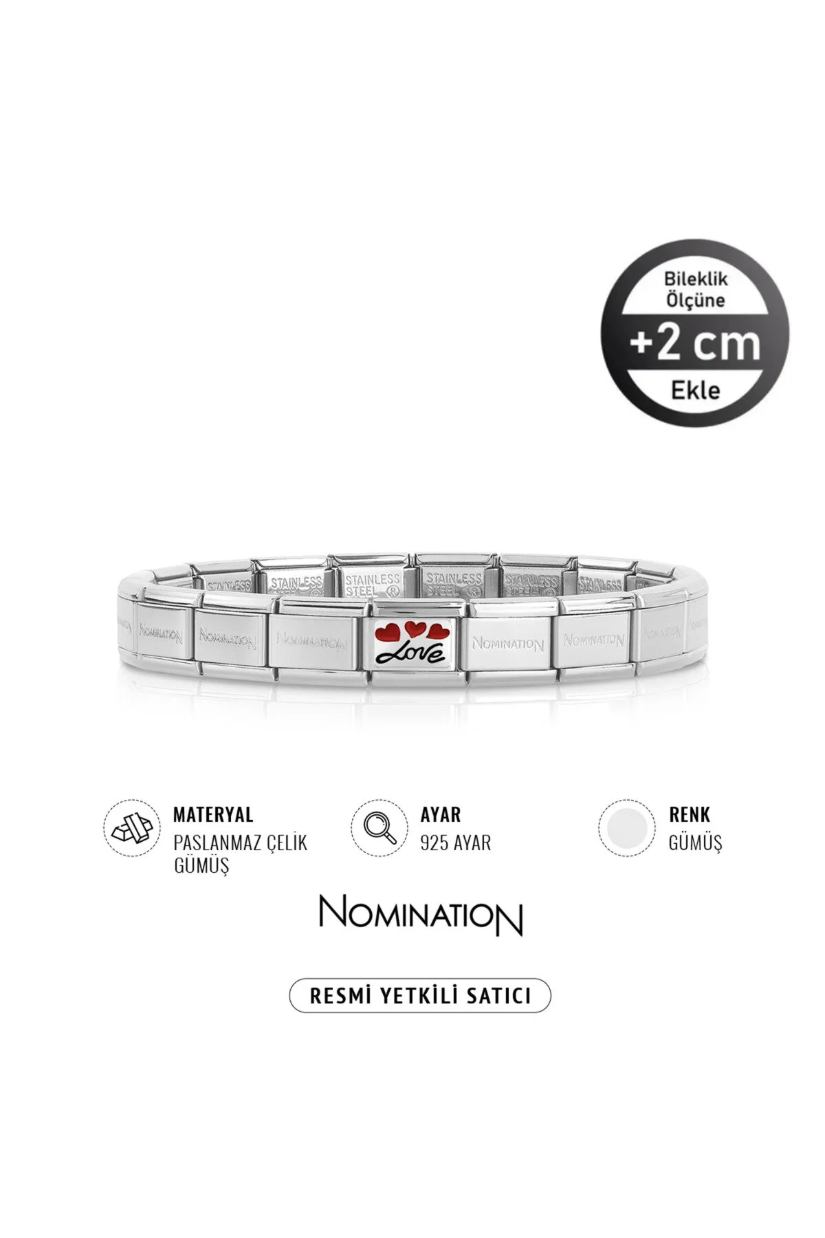 دستبند فولادی مردانه و زنانه ایتالیا COMPOSBLE 925 استرلینگ نقره 3 قلب ای NOMİNATİON