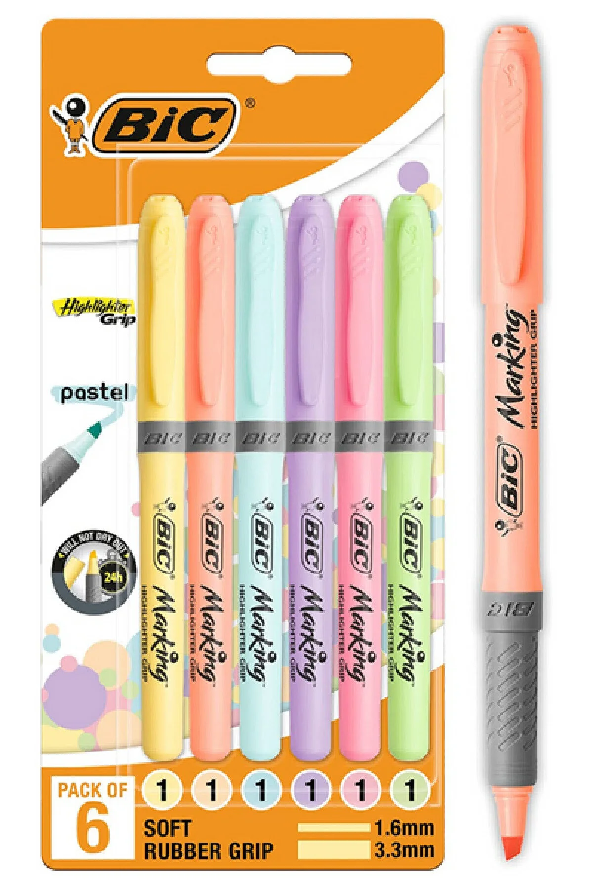 ماژیک هایلایت چند رنگ قلم فسفر پاستیل 6 اورجینال بیک Bic