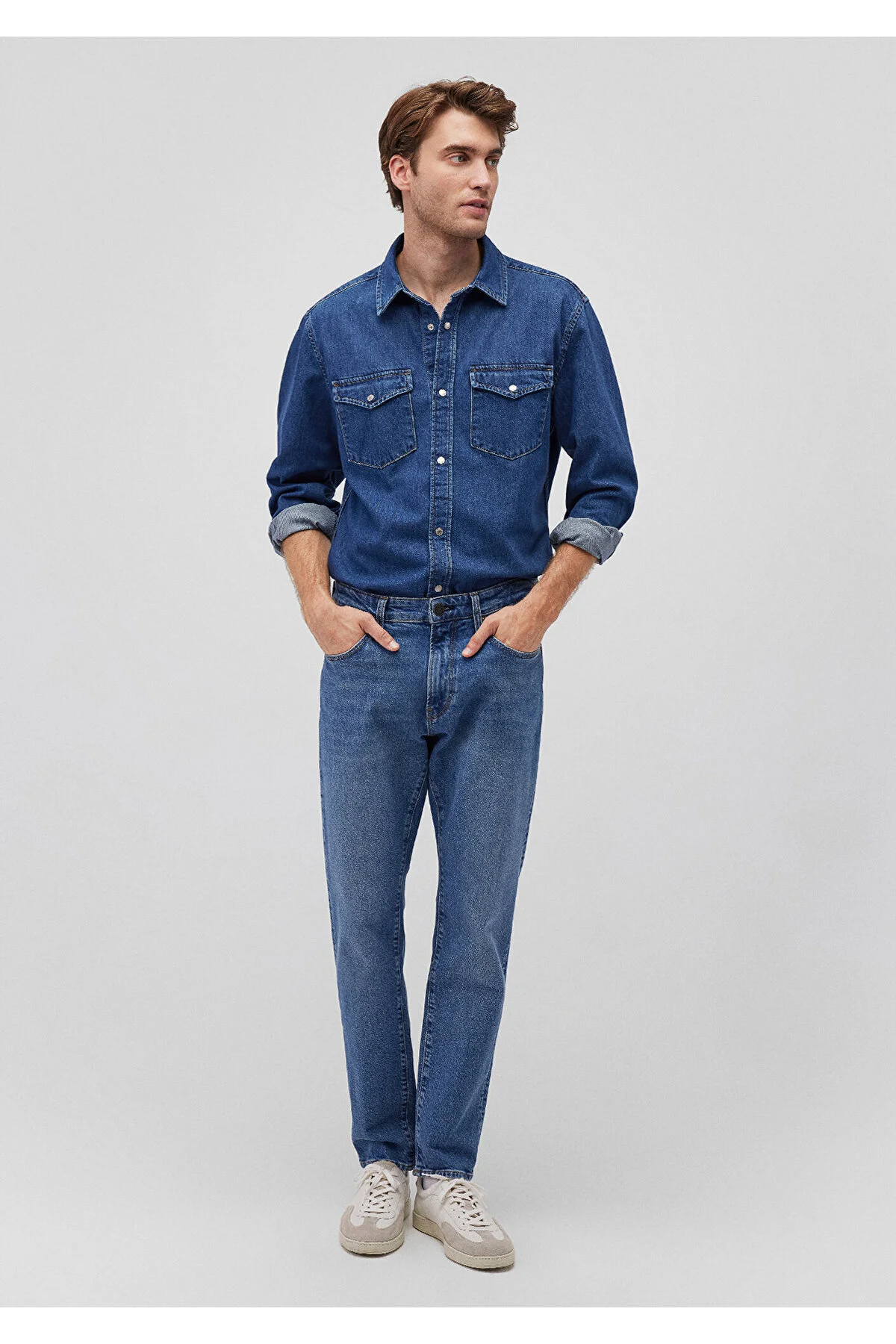 پیراهن / بلوز دکمه دار آبی مردانه Ted Day Blue Denim Jean باریک و برش ماوی Mavi