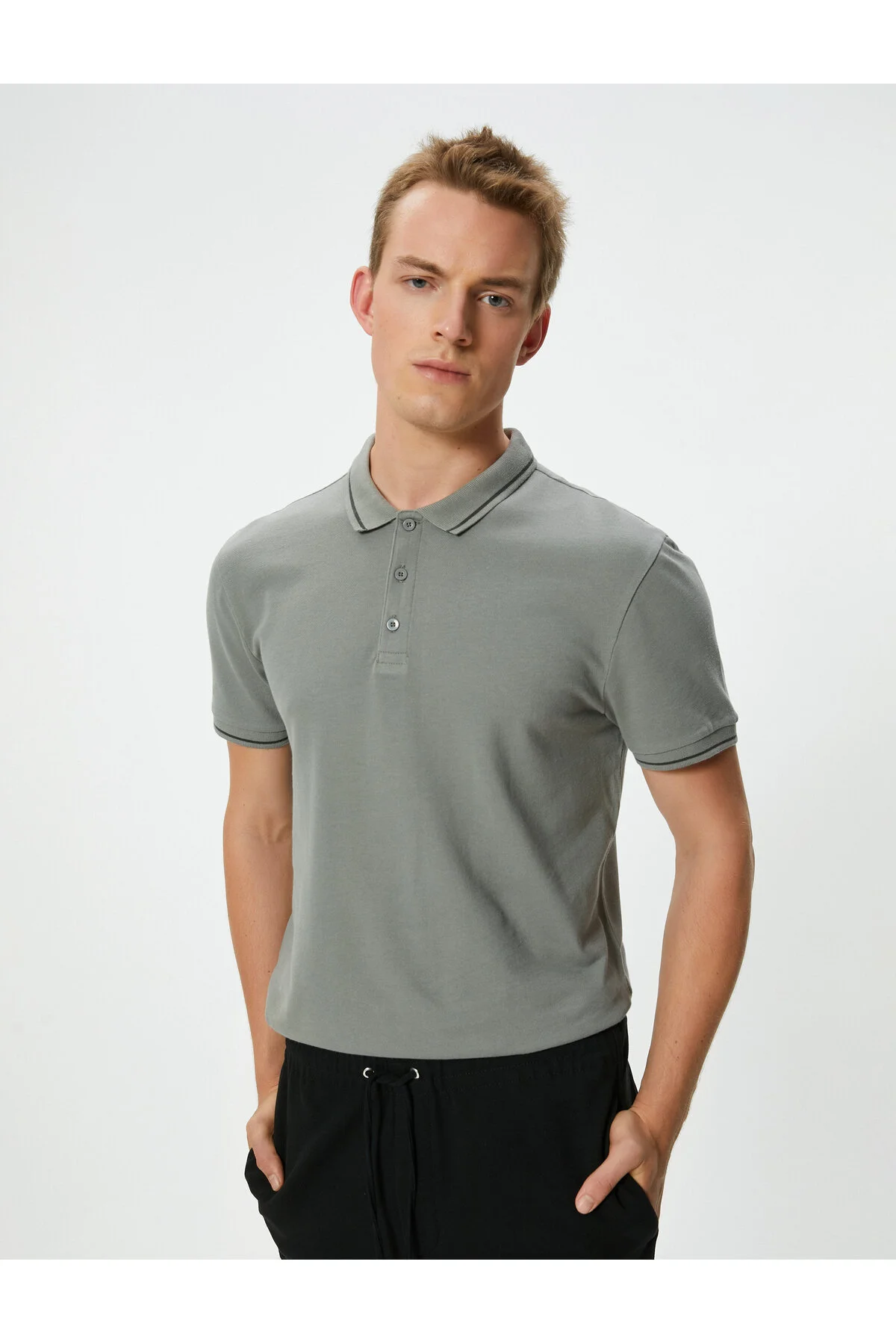 تی شرت یقه پولو خاکستری مردانه پنبه آستین کوتاه Slim Fit Polo T Shirt Line کوتون Koton